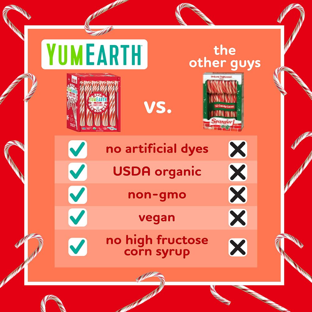 YumEarth Organic Candy Canes - Individually Wrapped Full Size Peppermint Candy Canes - Allergy Friendly, Non GMO, Gluten Free, Vegan - 10 Count (Pack of 1)