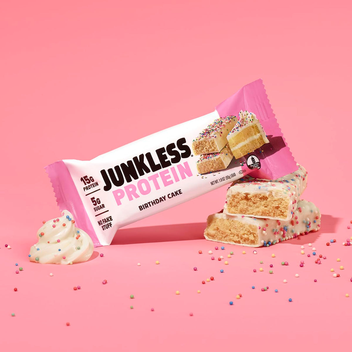 JUNKLESS Birthday Cake Protein Bars | 15g Protein, Low Sugar, High Fiber, Gluten Free | Healthy Snack for Kids & Adults | 12 Bars