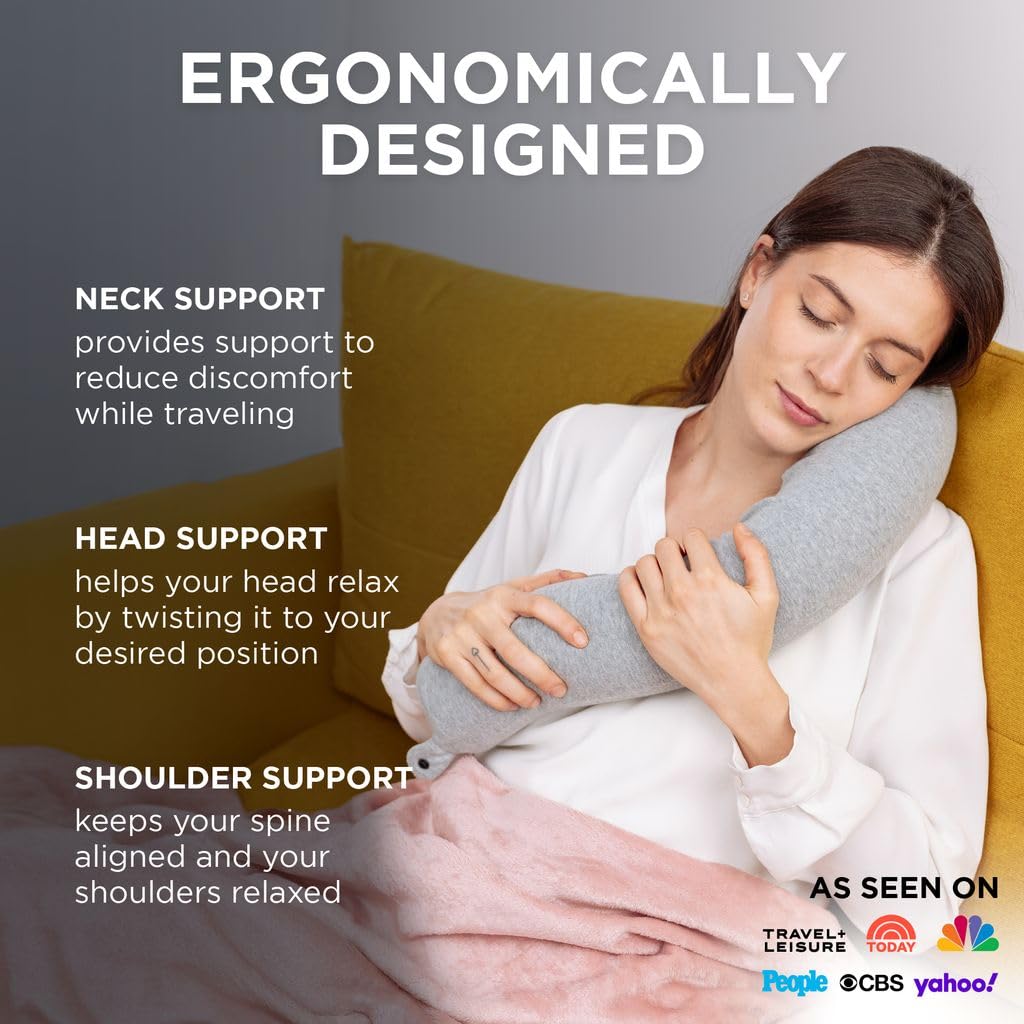 Dot&amp;Dot Twist Memory Foam Travel Pillow for Airplanes - Travel Neck Pillow for Sleeping - Airplane Pillow for Neck Support, Chin, Lumbar and Leg - Adjustable, Bendable Neck Roll Pillow