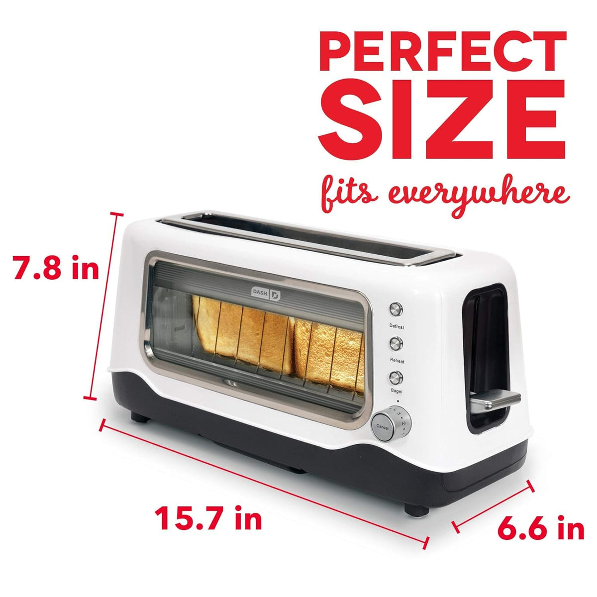 DASH Clear View Toaster - Compact Design with 7 Browning Levels &amp; Clear-View Window, Extra-Wide Slot Large Toaster, 1-Touch Defrost, Reheat &amp; Bagel Functions - Easy Clean Up Crumb Tray (White)