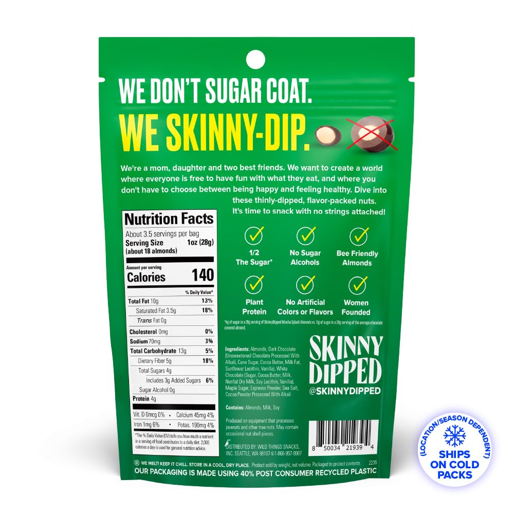 SkinnyDipped Peppermint and Mocha Splash Almonds Variety Pack Bundle, Healthy Snack, Plant Protein, Gluten Free, 3.5 oz Resealable Bags, Pack of 5, Limited Edition
