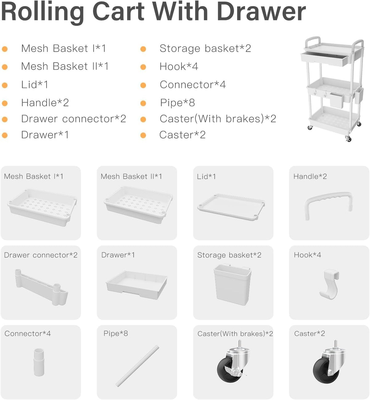 Sorgion 3 Tier Rolling Cart Organizer,Laundry Room Bathroom Organizers and Storage Office Shelves Mobile Shelving Unit Kitchen Trolley Cart with Wheels for Art,Craft,Diaper,Bedside,Snack(White)