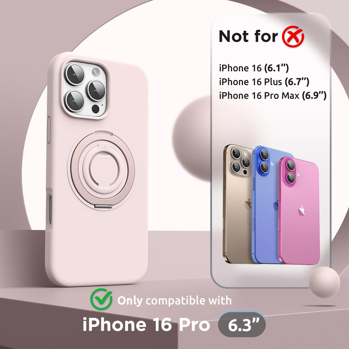 SURPHY 360° Magnetic Stand for iPhone 16 Pro Case with Finger Ring, Compatible with MagSafe, Ring Stand and Finger Ring Phone Case for 16 Pro 6.3 inch 2024, Light Pink