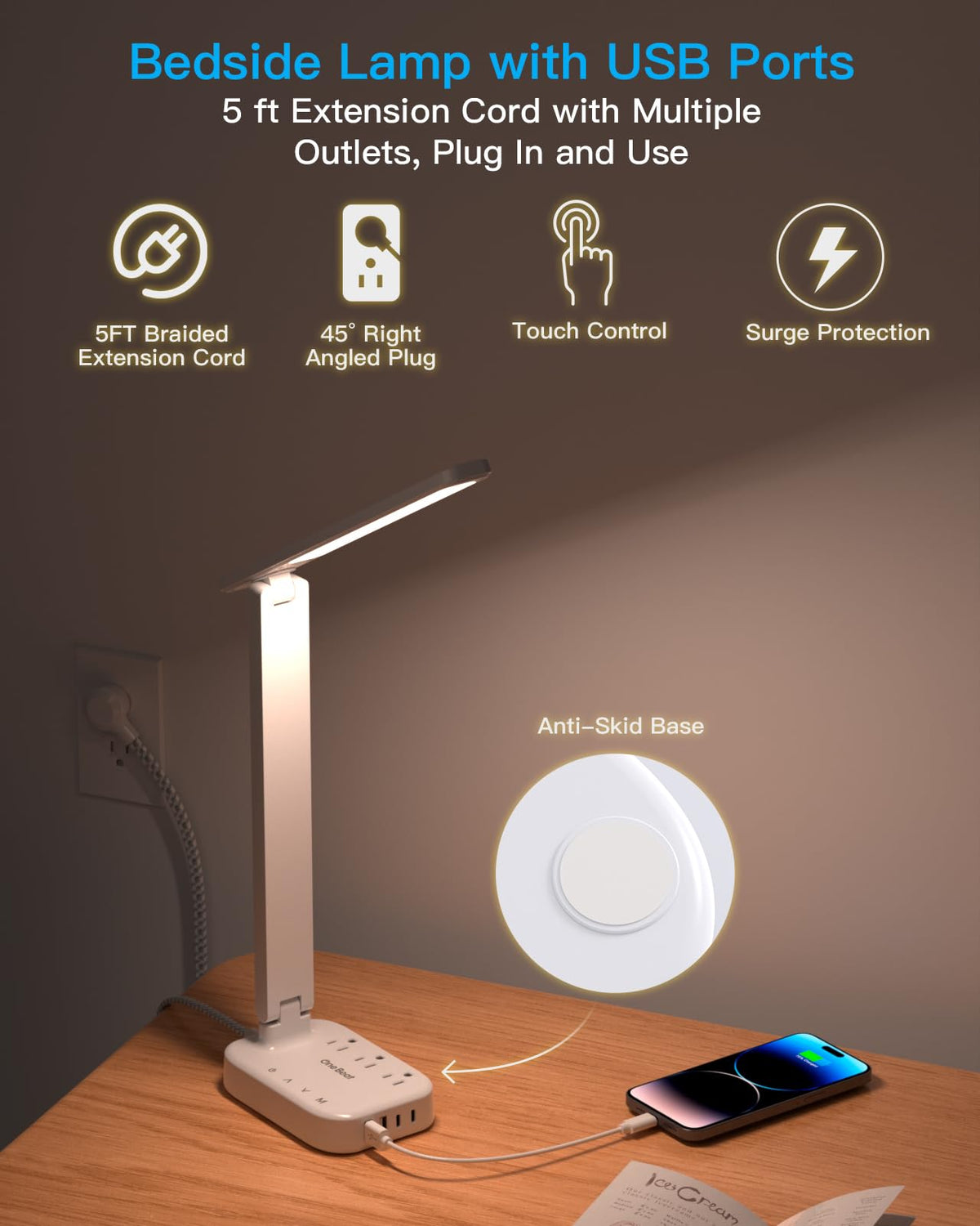 Power Strip with LED Desk Lamp, 3 Outlets 4 USB Ports(2 USBC) 4 Modes 5 Level Touch Lamp Small Desk Lamp for Home Office Bedroom Bedside, Study Reading Light, 5ft Extension Cord, Dorm Room Essentials