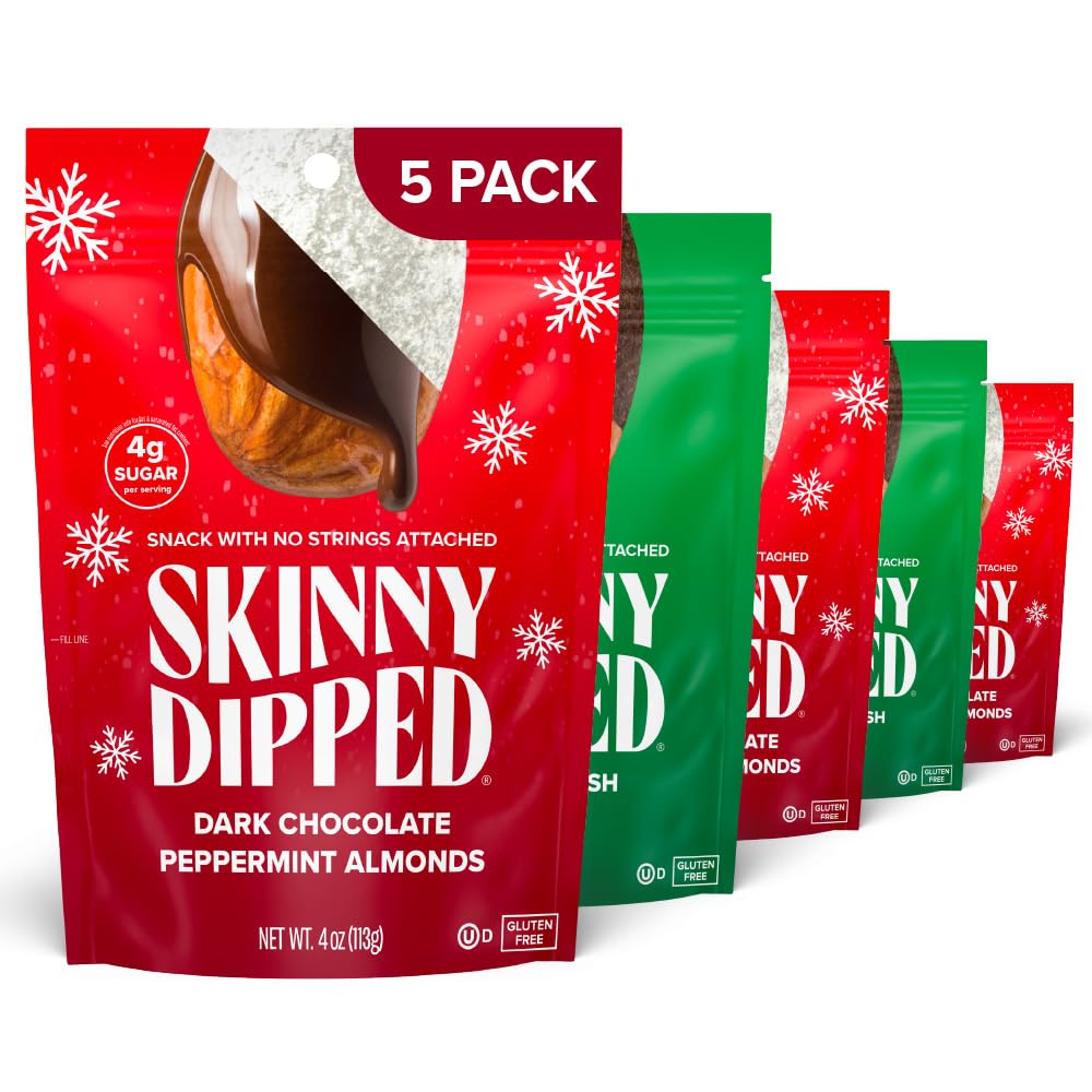 SkinnyDipped Peppermint and Mocha Splash Almonds Variety Pack Bundle, Healthy Snack, Plant Protein, Gluten Free, 3.5 oz Resealable Bags, Pack of 5, Limited Edition
