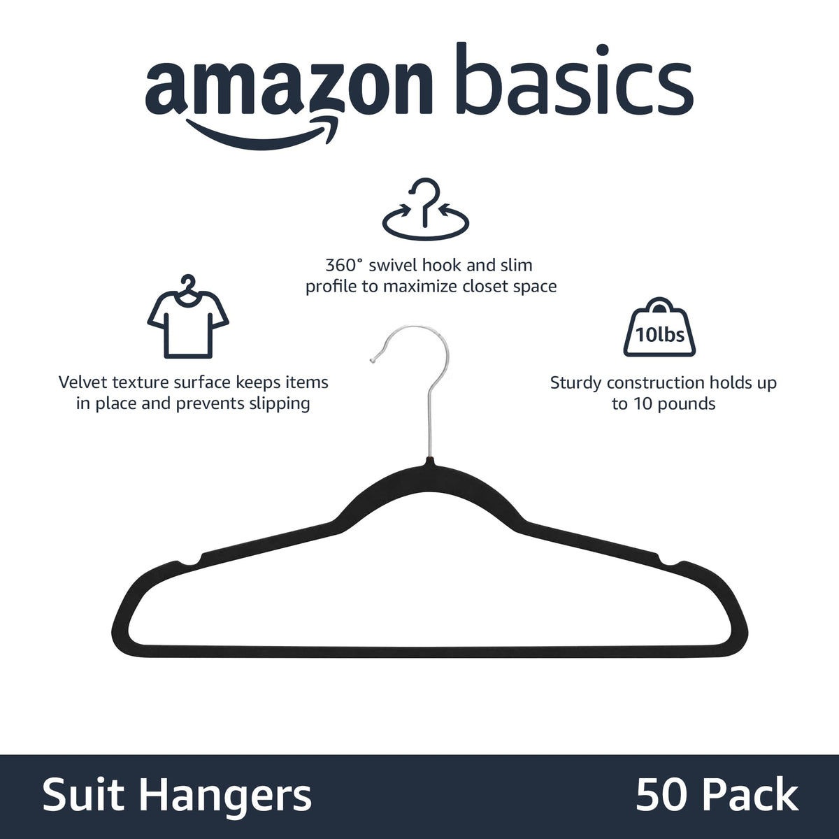 Amazon Basics Slim, Velvet, Non-Slip Suit Clothes Hangers, Pack of 50, Black