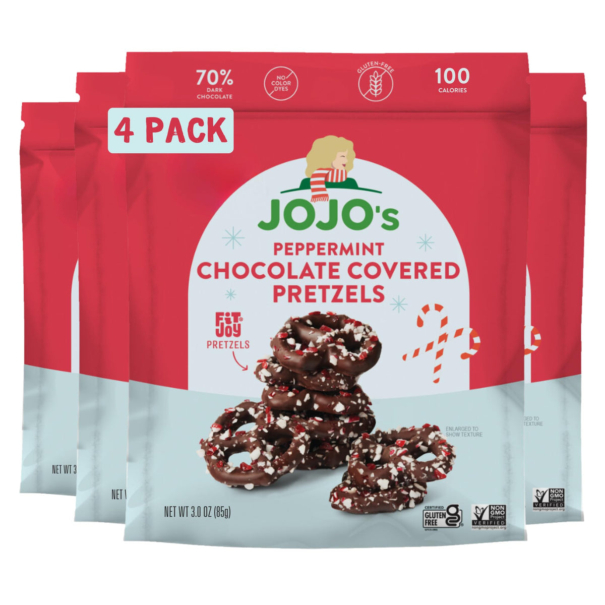 JOJO&#39;s Peppermint Dark Chocolate Covered Pretzels, Healthy Snack, Low Sugar, Low Carb, Gluten Free, Non GMO, Paleo &amp; Keto Friendly, Made with Plant Based Hemp Protein, Vegan (4 Count)