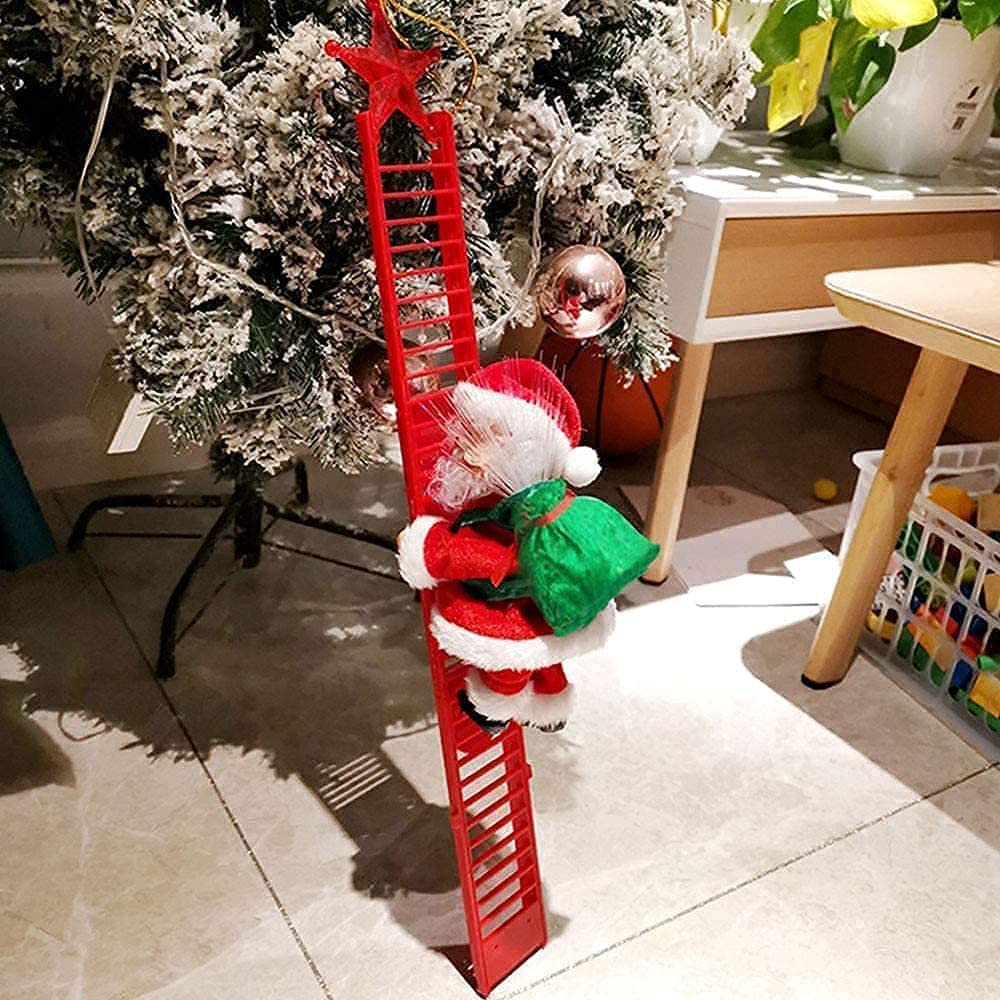 Santa Claus Musical Climbing Ladder, Electric Christmas Climbing Santa Ladder Decoration Climbing Santa Claus Doll Toy with Christmas Music, Climbing Santa Ladder for Home Party Wall Tree Decoration