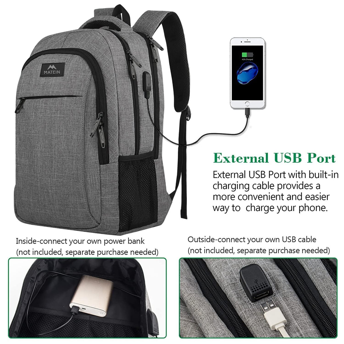 MATEIN Travel Laptop Backpack, Business Anti Theft Slim Sturdy Laptops Backpack with USB Charging Port, Water Resistant College School Computer Bag Gift for Men &amp; Women Fits 15.6 Inch Notebook, Grey
