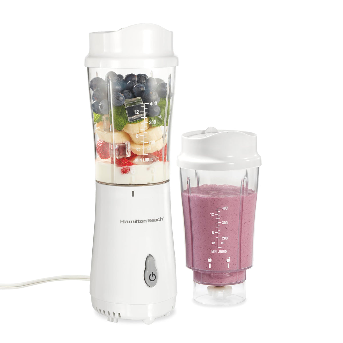 Hamilton Beach Portable Blender for Shakes and Smoothies, 14 Oz BPA Free Travel Cup & Lid, Durable Stainless Steel Blades, Personal Smoothie Blender, 2 Jars - White (51102V)