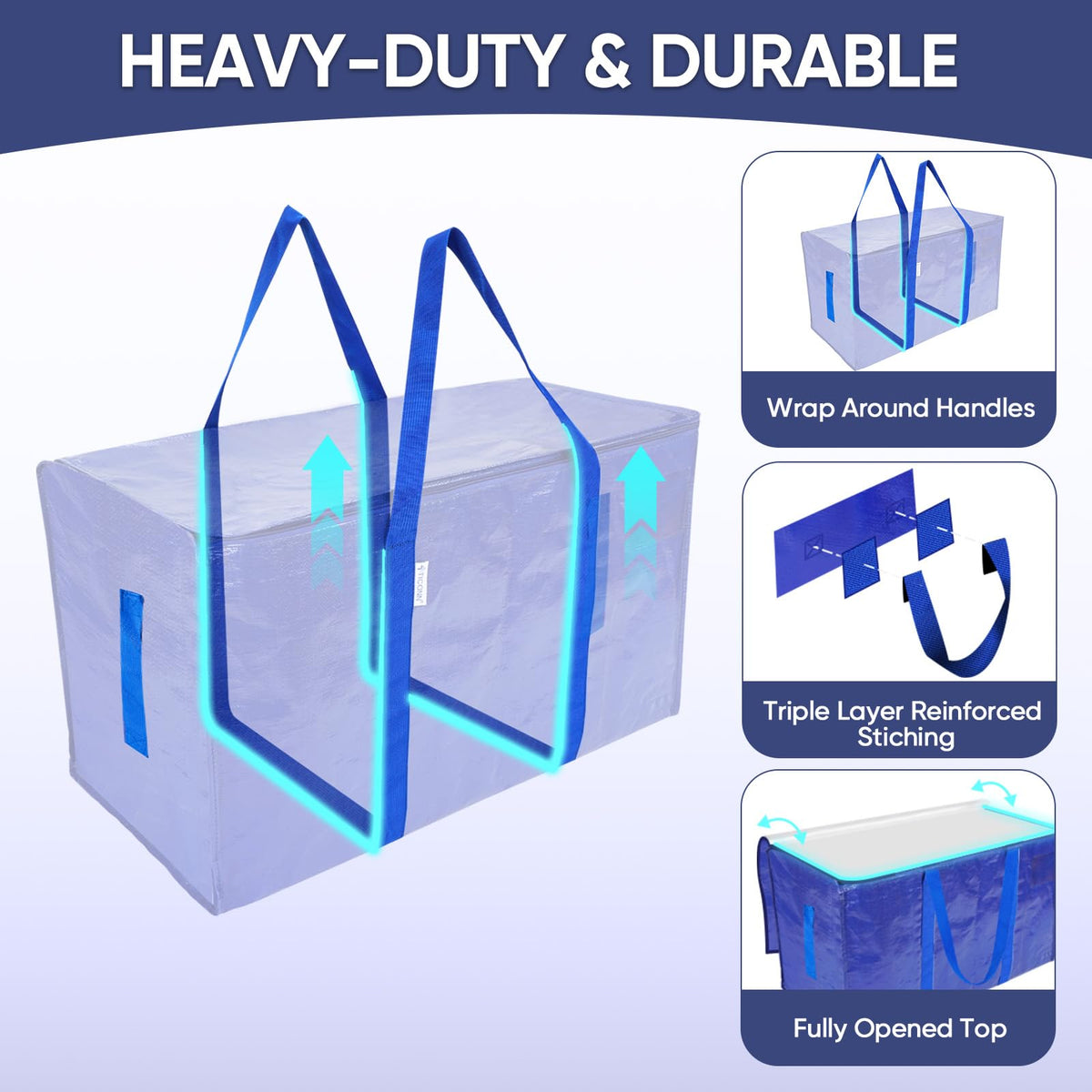 TICONN 6 Pack Extra Large Moving Bags with Zippers &amp; Carrying Handles, Heavy-Duty Storage Tote Moving Boxes for Space Saving