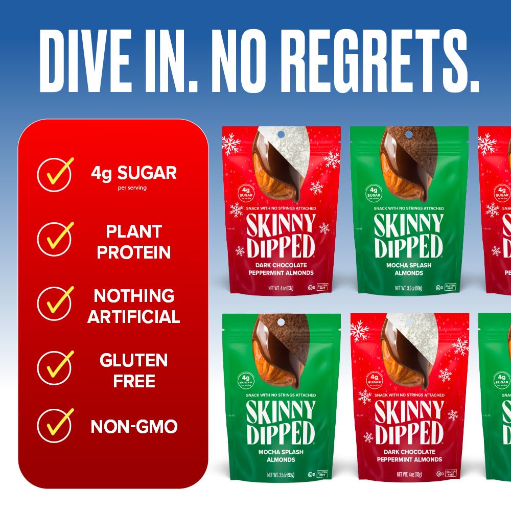 SkinnyDipped Peppermint and Mocha Splash Almonds Variety Pack Bundle, Healthy Snack, Plant Protein, Gluten Free, 3.5 oz Resealable Bags, Pack of 5, Limited Edition