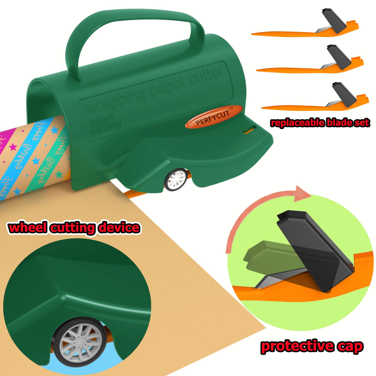 PERFYCUT Wrapping Paper Roll Cutter Tool with 3 pcs Replaceable Blade Kit Gift Wrapping Paper Cutter for Christmas and Birthday Wrapping Paper Gift Wrap Cutter Holder Tube Slicing Trimming.