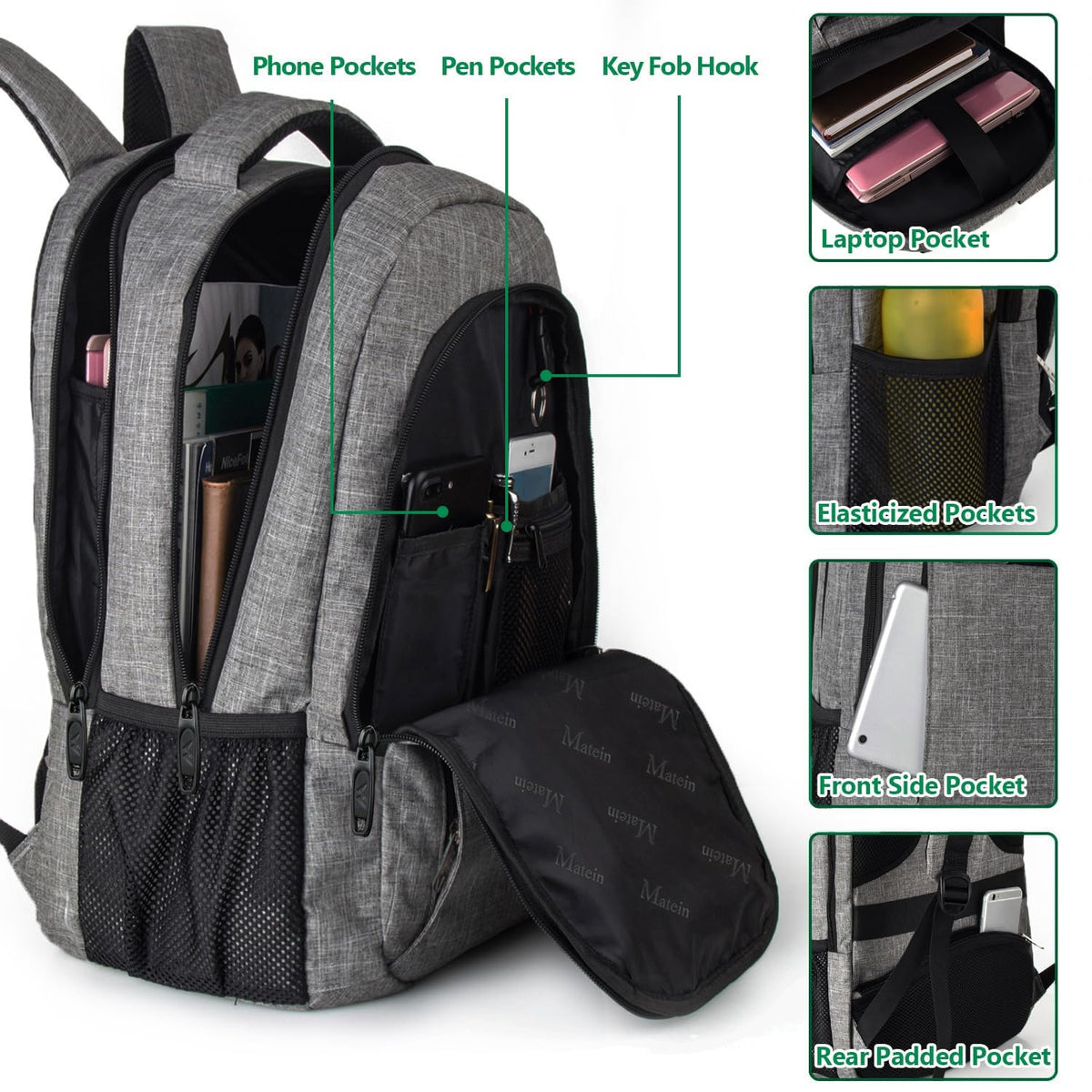 MATEIN Travel Laptop Backpack, Business Anti Theft Slim Sturdy Laptops Backpack with USB Charging Port, Water Resistant College School Computer Bag Gift for Men &amp; Women Fits 15.6 Inch Notebook, Grey