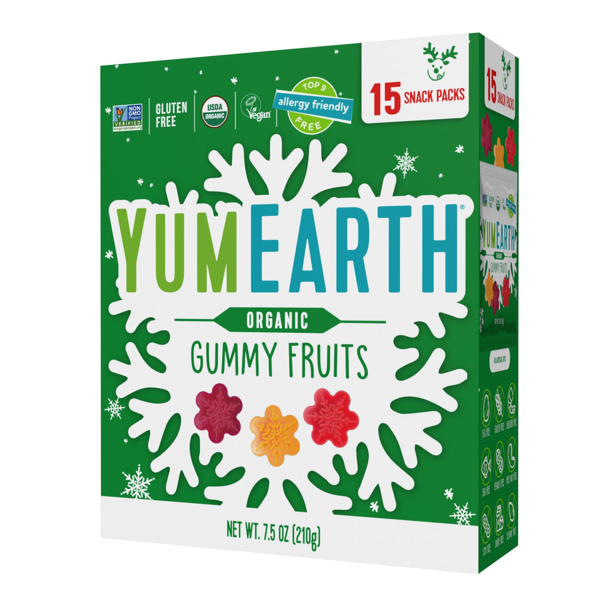 YumEarth Holiday Organic Gummy Fruits 15ct Box Allergy Friendly Christmas Candy, Dye Free, Gluten Free, Non GMO Fruit Snacks