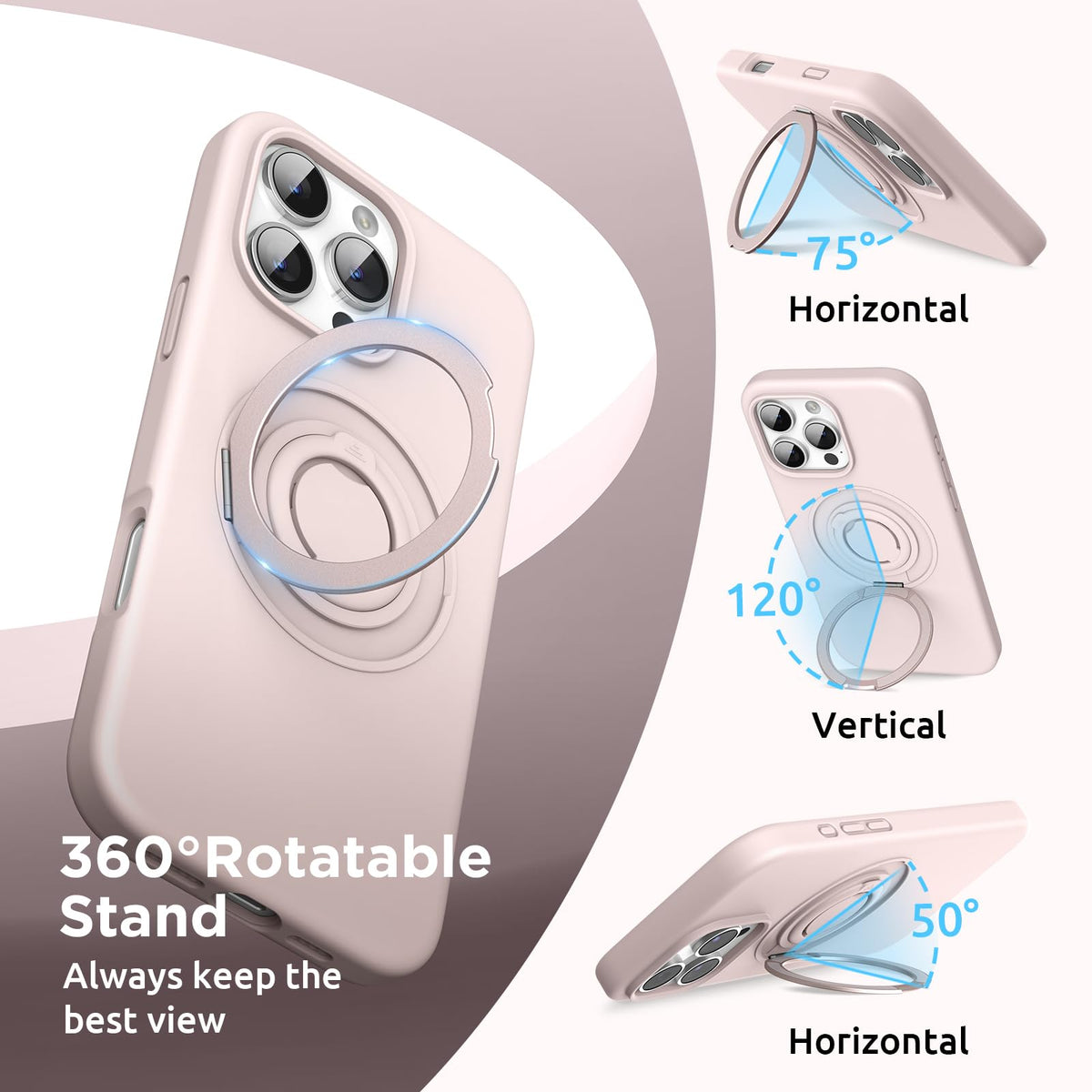 SURPHY 360° Magnetic Stand for iPhone 16 Pro Case with Finger Ring, Compatible with MagSafe, Ring Stand and Finger Ring Phone Case for 16 Pro 6.3 inch 2024, Light Pink