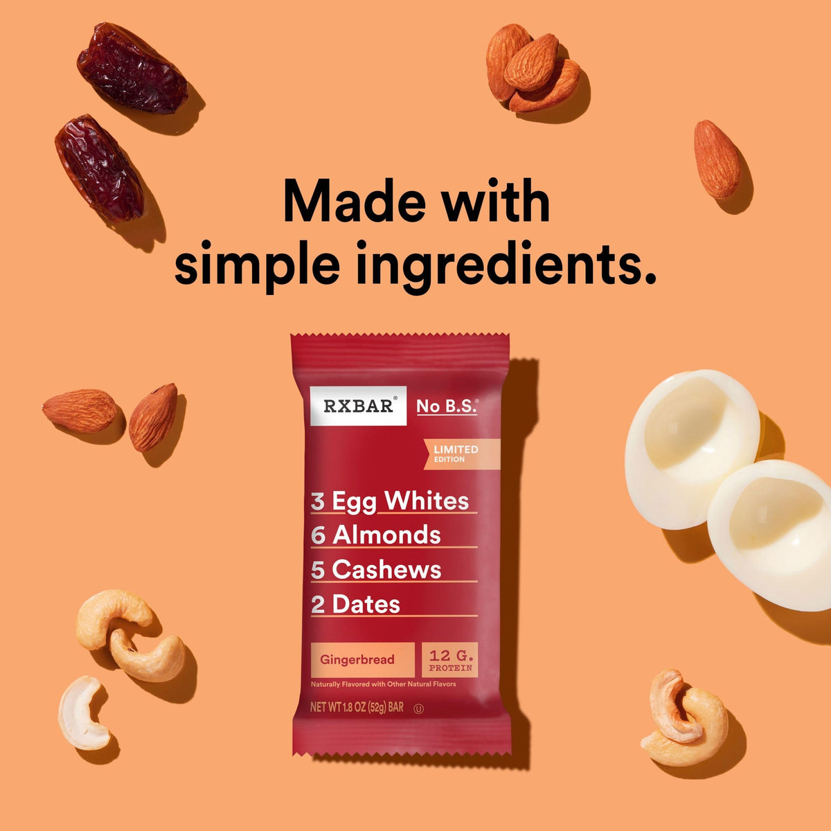 RXBAR Protein Bars, Protein Snack, Snack Bars, Gingerbread, 22oz Box (12 Bars)