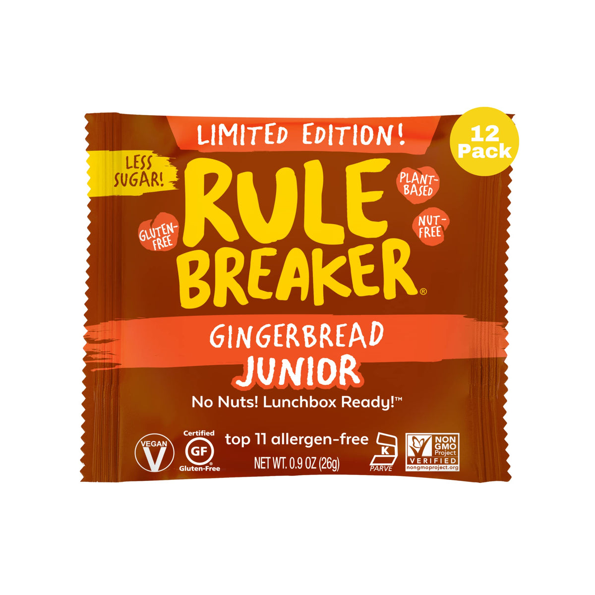 Rule Breaker Snacks Gingerbread Juniors | Top 11 Allergen-Free | Great for School, Office | 12-count Box of Individually Wrapped 0.9-oz Gingerbread