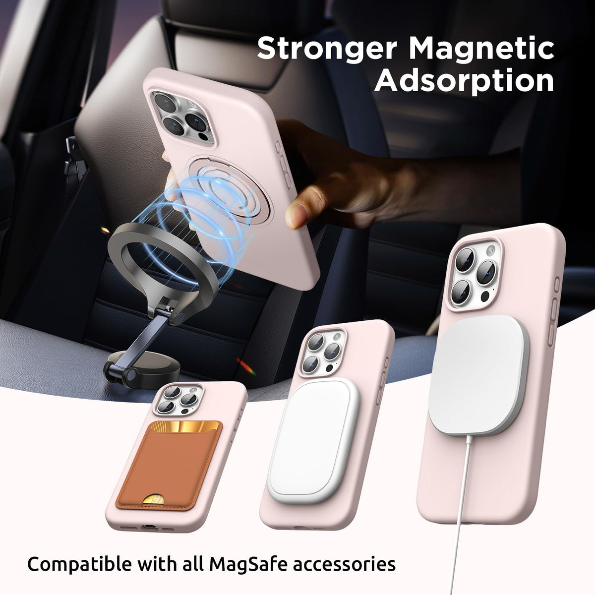 SURPHY 360° Magnetic Stand for iPhone 16 Pro Case with Finger Ring, Compatible with MagSafe, Ring Stand and Finger Ring Phone Case for 16 Pro 6.3 inch 2024, Light Pink