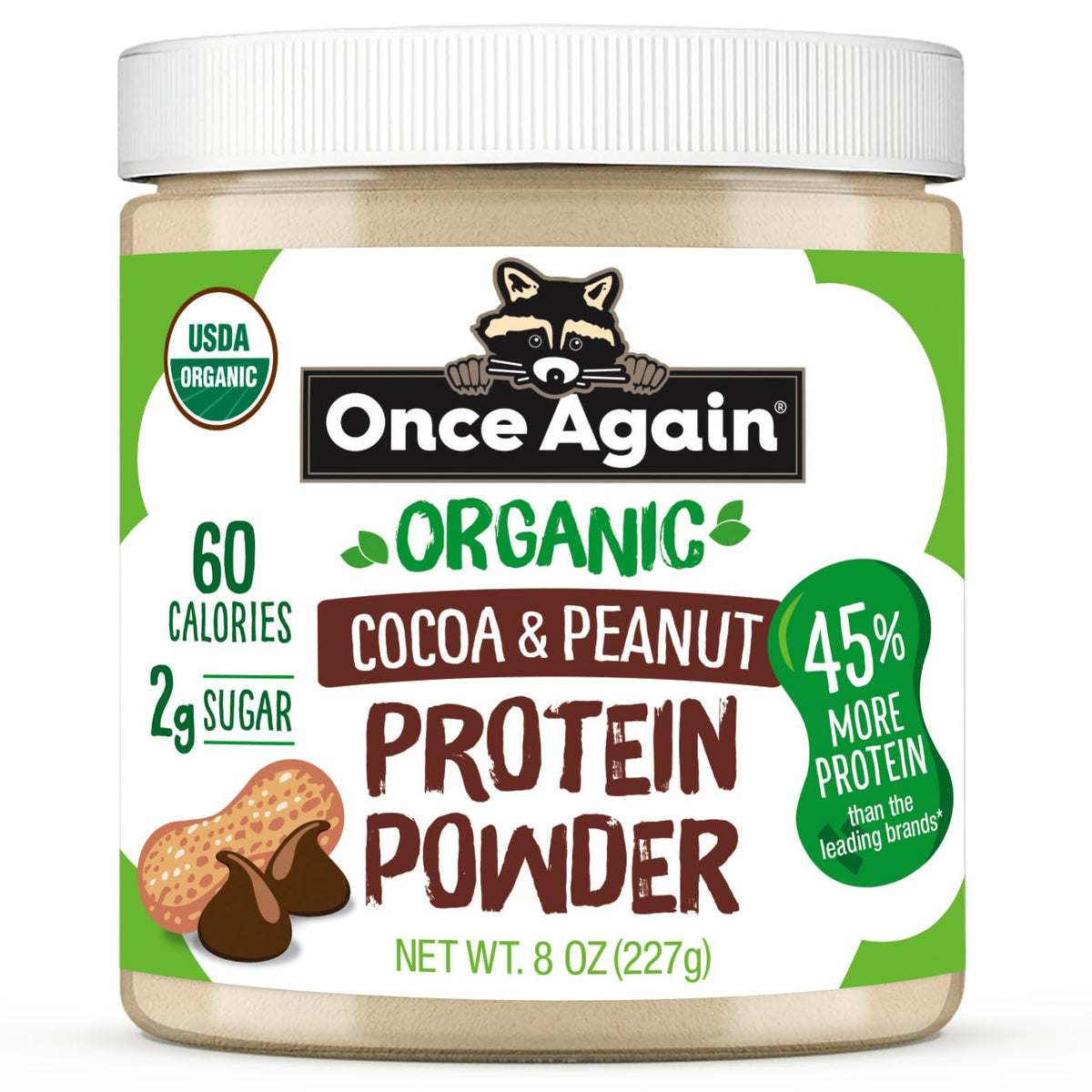 Once Again Chocolate Peanut Protein Powder - 9g Plant Protein, 2g Sugar - Organic Cocoa & Peanut Butter Powder - 60 Calories, Non-GMO, Vegan, Gluten-Free Certified - 8 Ounces