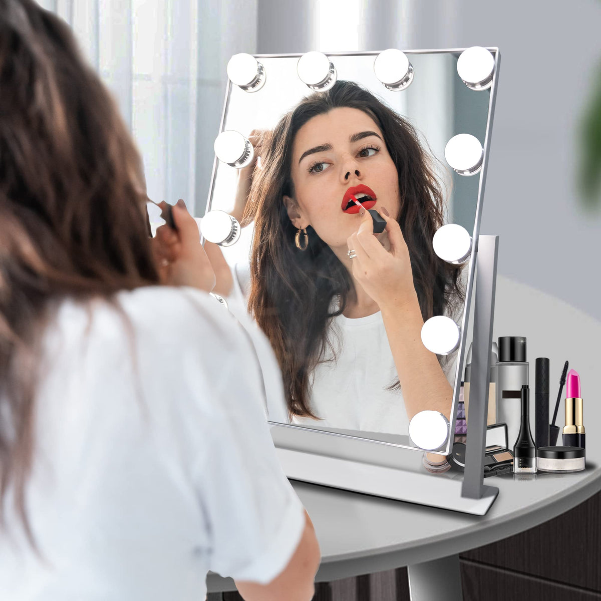 SLIMOON Hollywood Vanity Mirror with Lights, 12 Dimmable LED Bulbs Lighted Makeup Mirror with Detachable 10X Magnification Mirror, 1000mAh Rechargeable, 3 Color Lights, Touch Control
