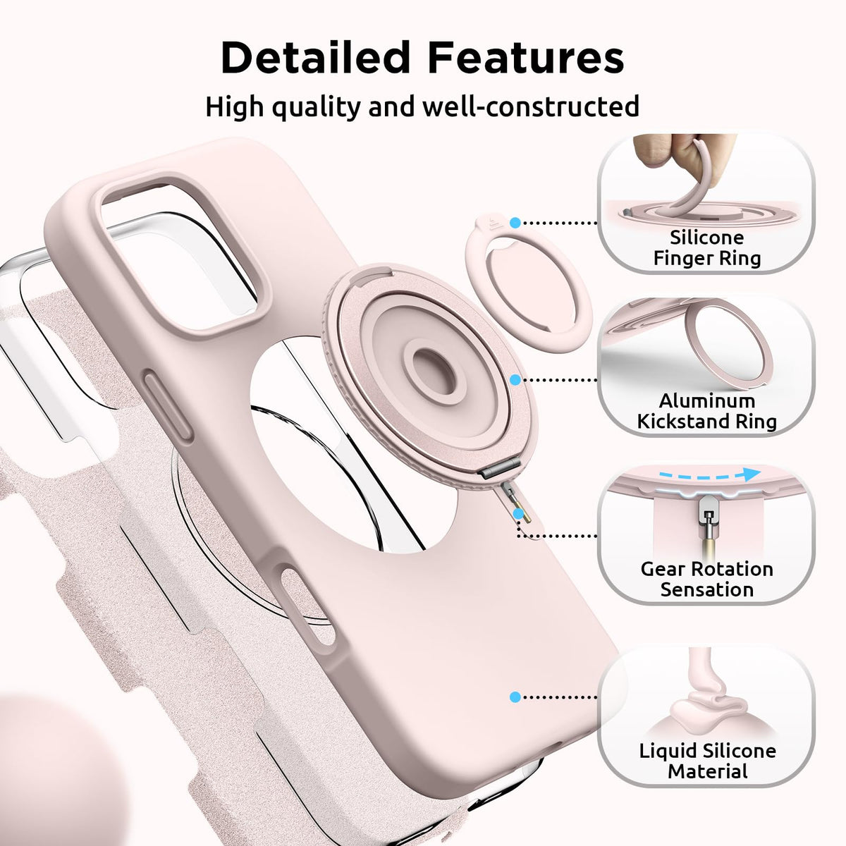 SURPHY 360° Magnetic Stand for iPhone 16 Pro Case with Finger Ring, Compatible with MagSafe, Ring Stand and Finger Ring Phone Case for 16 Pro 6.3 inch 2024, Light Pink