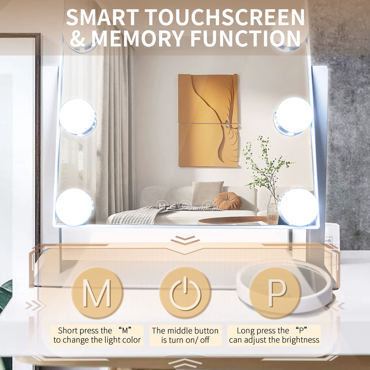 SLIMOON Hollywood Vanity Mirror with Lights, 12 Dimmable LED Bulbs Lighted Makeup Mirror with Detachable 10X Magnification Mirror, 1000mAh Rechargeable, 3 Color Lights, Touch Control