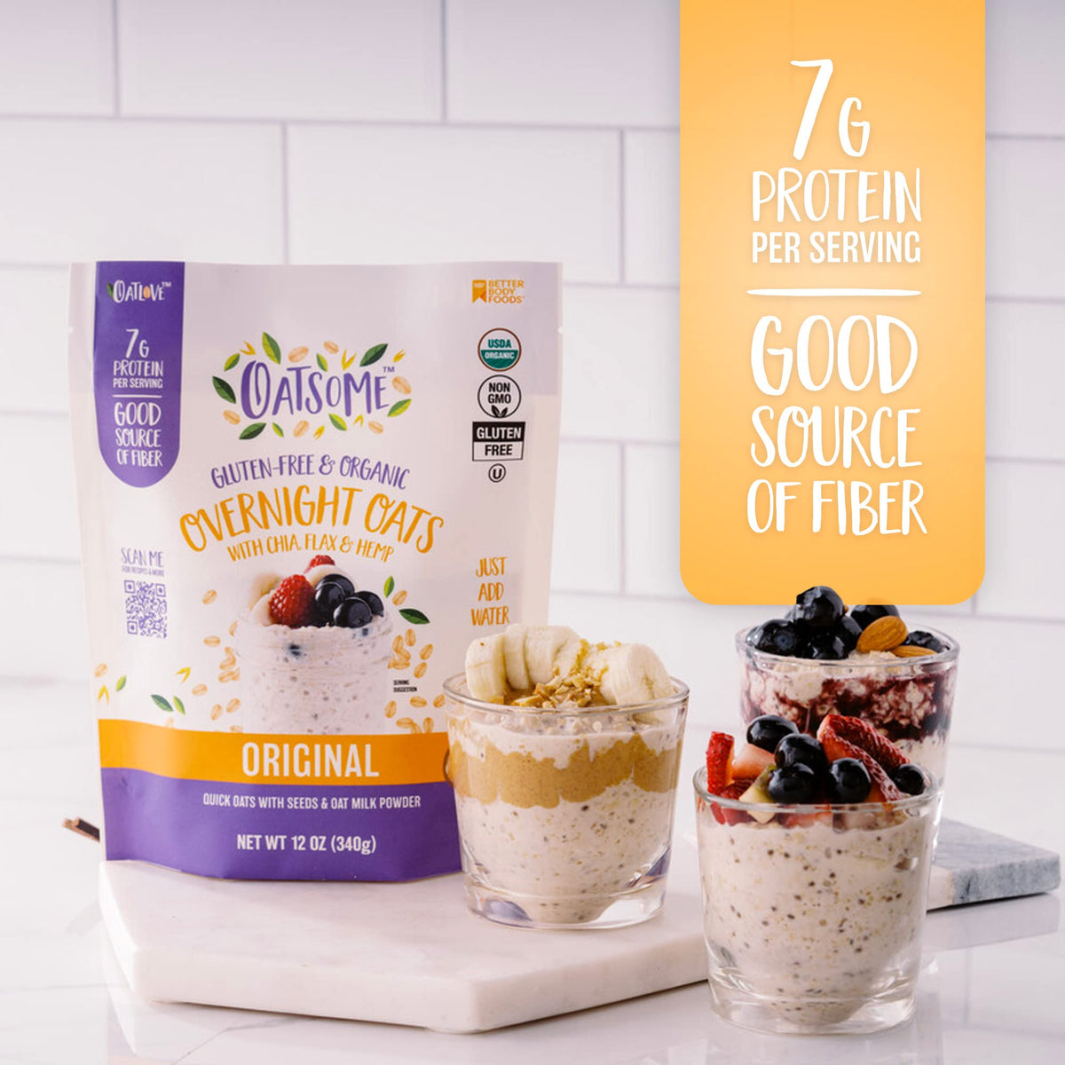 Oatsome Organic Overnight Oats with Chia, Flax, &amp; Hemp, Gluten-Free Oatmeal with 7g of Protein, 12oz Bag