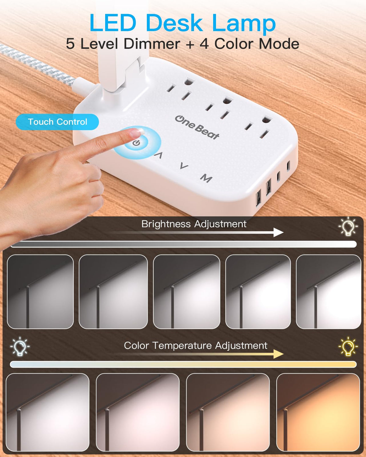 Power Strip with LED Desk Lamp, 3 Outlets 4 USB Ports(2 USBC) 4 Modes 5 Level Touch Lamp Small Desk Lamp for Home Office Bedroom Bedside, Study Reading Light, 5ft Extension Cord, Dorm Room Essentials
