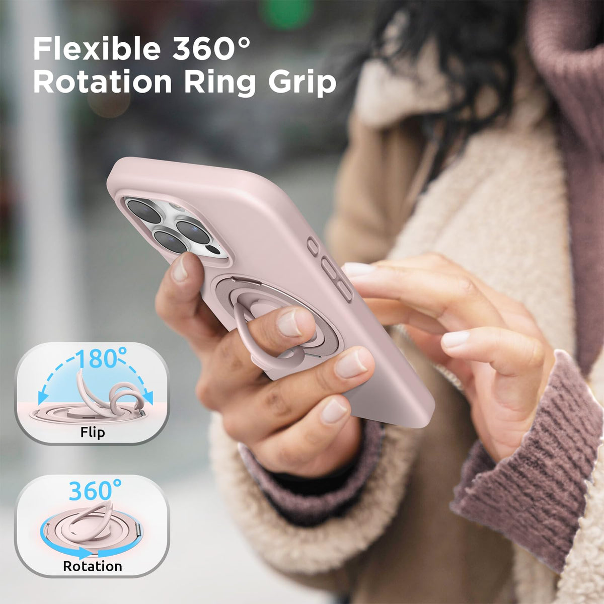 SURPHY 360° Magnetic Stand for iPhone 16 Pro Case with Finger Ring, Compatible with MagSafe, Ring Stand and Finger Ring Phone Case for 16 Pro 6.3 inch 2024, Light Pink