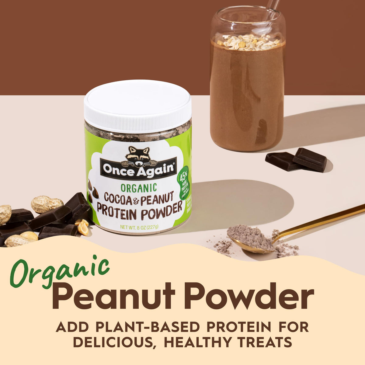 Once Again Chocolate Peanut Protein Powder - 9g Plant Protein, 2g Sugar - Organic Cocoa & Peanut Butter Powder - 60 Calories, Non-GMO, Vegan, Gluten-Free Certified - 8 Ounces