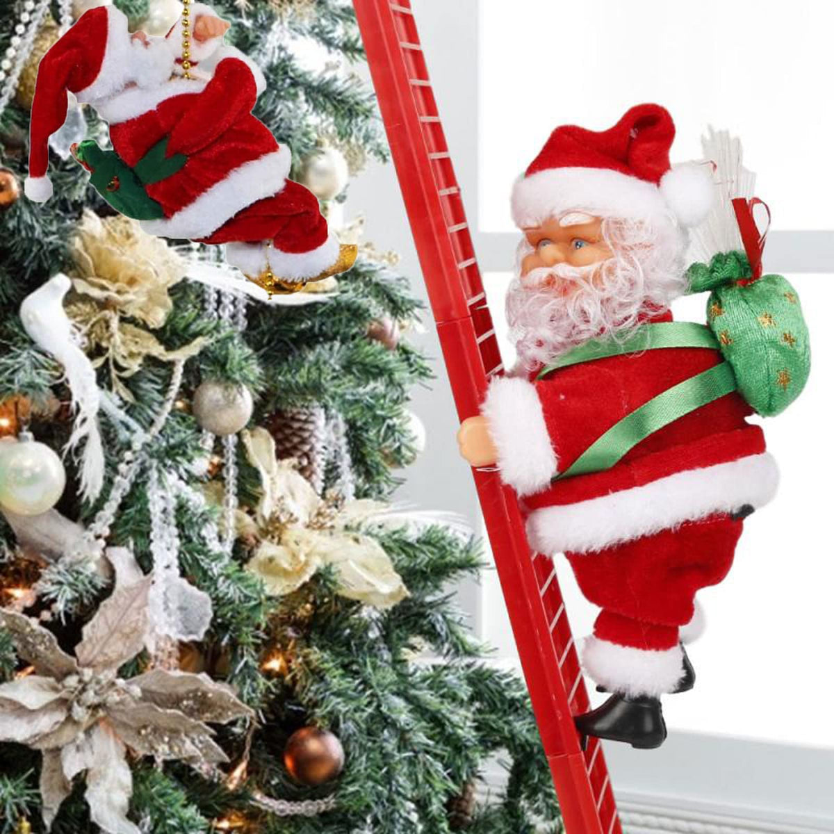 Santa Claus Musical Climbing Ladder, Electric Christmas Climbing Santa Ladder Decoration Climbing Santa Claus Doll Toy with Christmas Music, Climbing Santa Ladder for Home Party Wall Tree Decoration