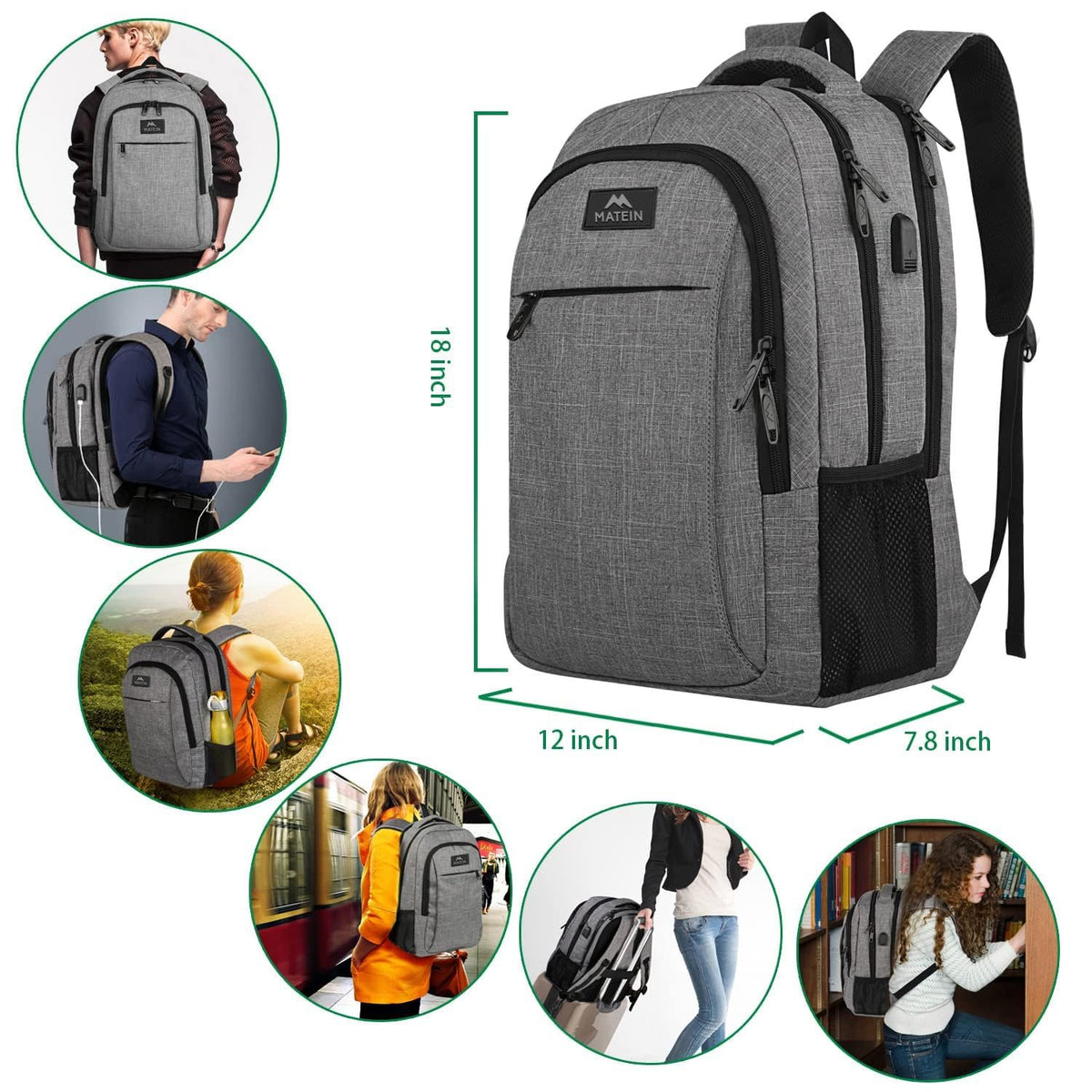 MATEIN Travel Laptop Backpack, Business Anti Theft Slim Sturdy Laptops Backpack with USB Charging Port, Water Resistant College School Computer Bag Gift for Men &amp; Women Fits 15.6 Inch Notebook, Grey