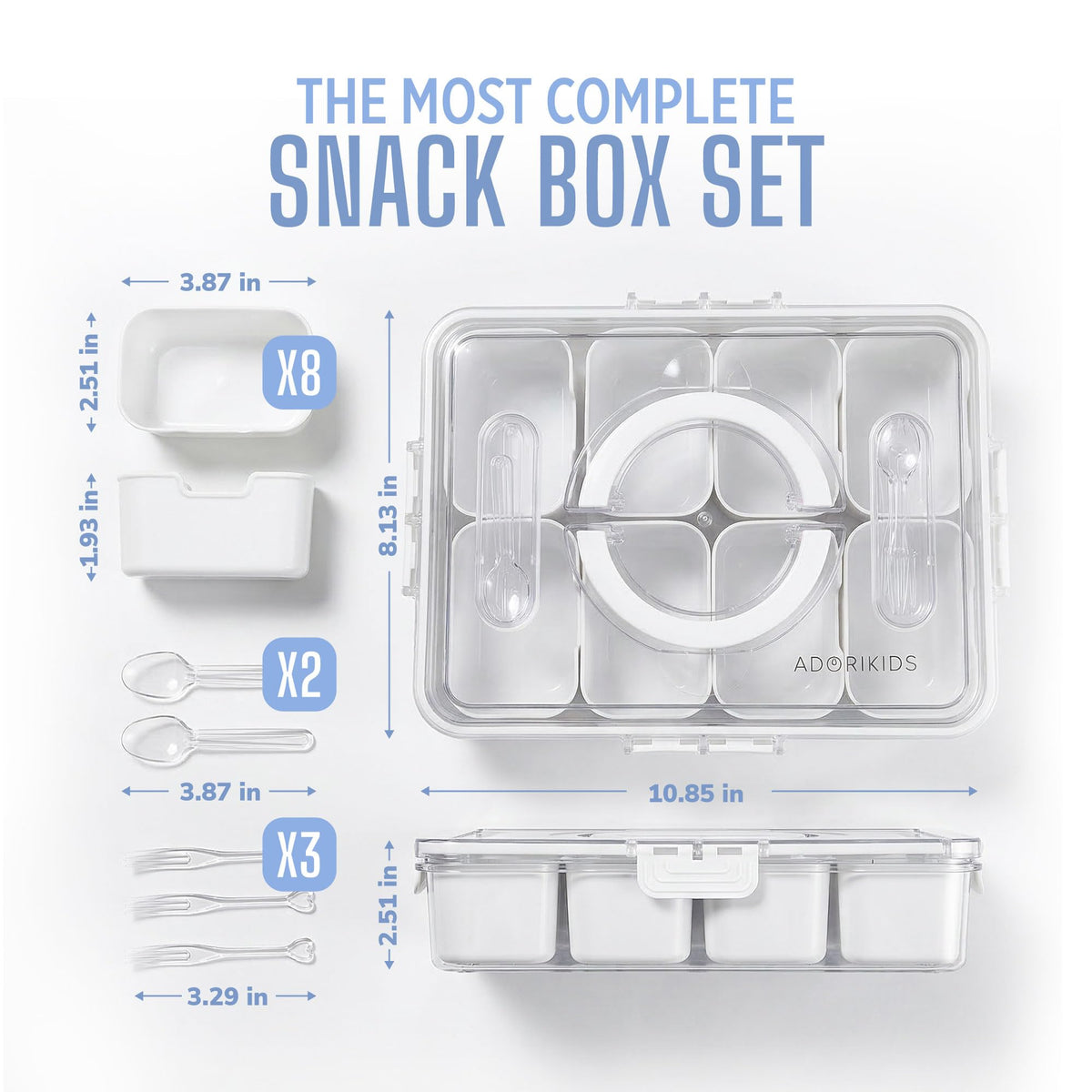 ADORIKIDS Travel Snack Container for Kids – Snackle Box with 8 Removable Compartments, Utensils and Recipe QR – Snack Box for Road Trips, Beach, Picnic and School Lunch