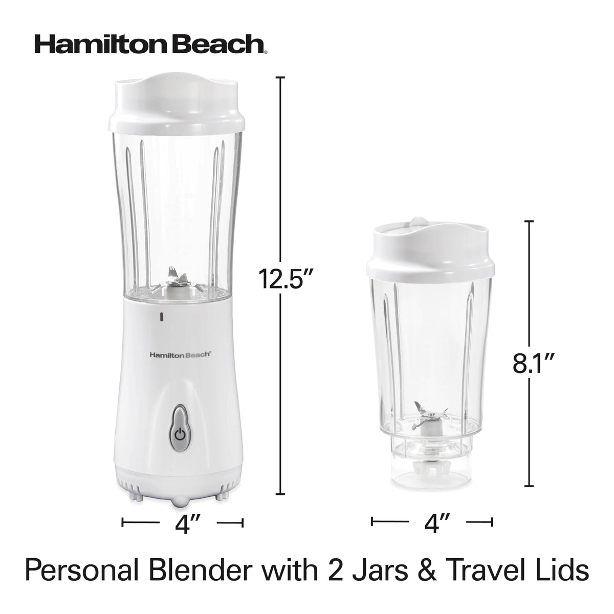 Hamilton Beach Portable Blender for Shakes and Smoothies, 14 Oz BPA Free Travel Cup & Lid, Durable Stainless Steel Blades, Personal Smoothie Blender, 2 Jars - White (51102V)