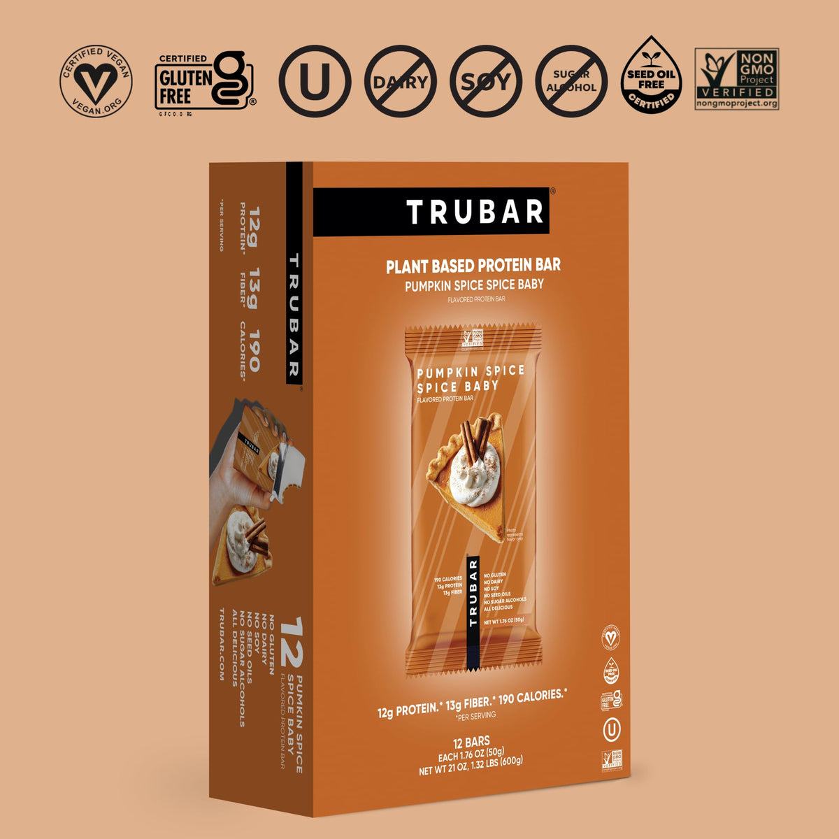 TRUBAR Vegan Protein Bar, Spice, Spice Baby, Plant Based, 12ct
