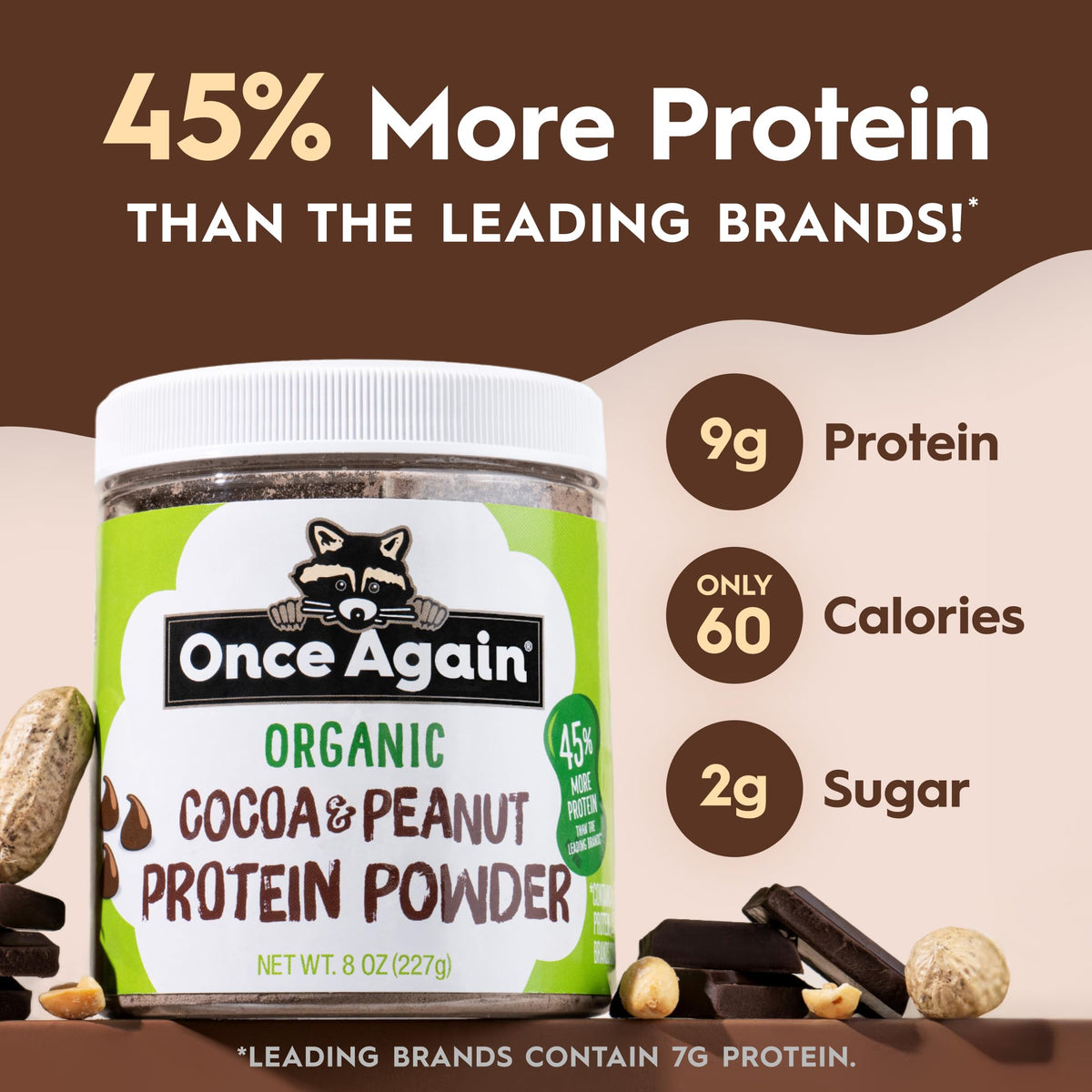 Once Again Chocolate Peanut Protein Powder - 9g Plant Protein, 2g Sugar - Organic Cocoa & Peanut Butter Powder - 60 Calories, Non-GMO, Vegan, Gluten-Free Certified - 8 Ounces