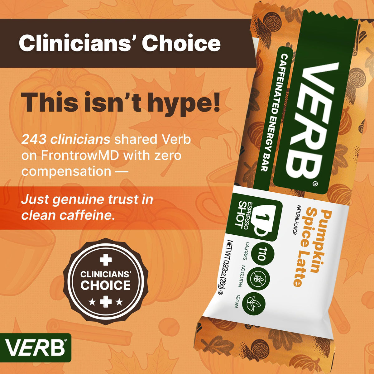 Verb Caffeinated Energy Bars Pumpkin Spice Latte (26g, Pack of 16) 110-Calorie Delicious Low Sugar Energy Bar - Gluten Free On-the Go Snack with 80mg Green Tea Caffeine, Only Real-Food Ingredients