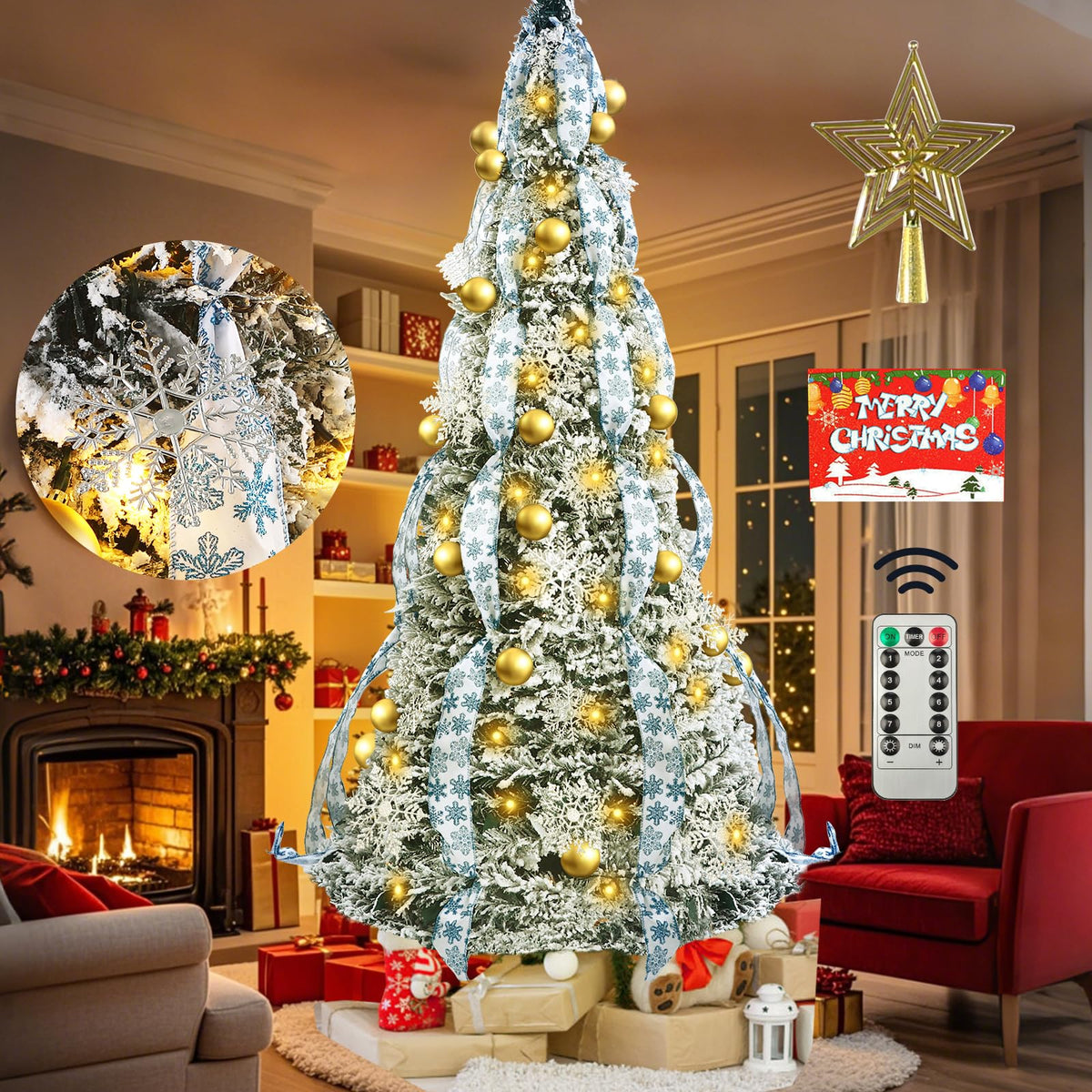 6FT Pre lit Pop Up Christmas Tree with Lights, Pre-Decorated Artificial Tree Collapsible Christmas Tree Holiday Party Decorations (White)