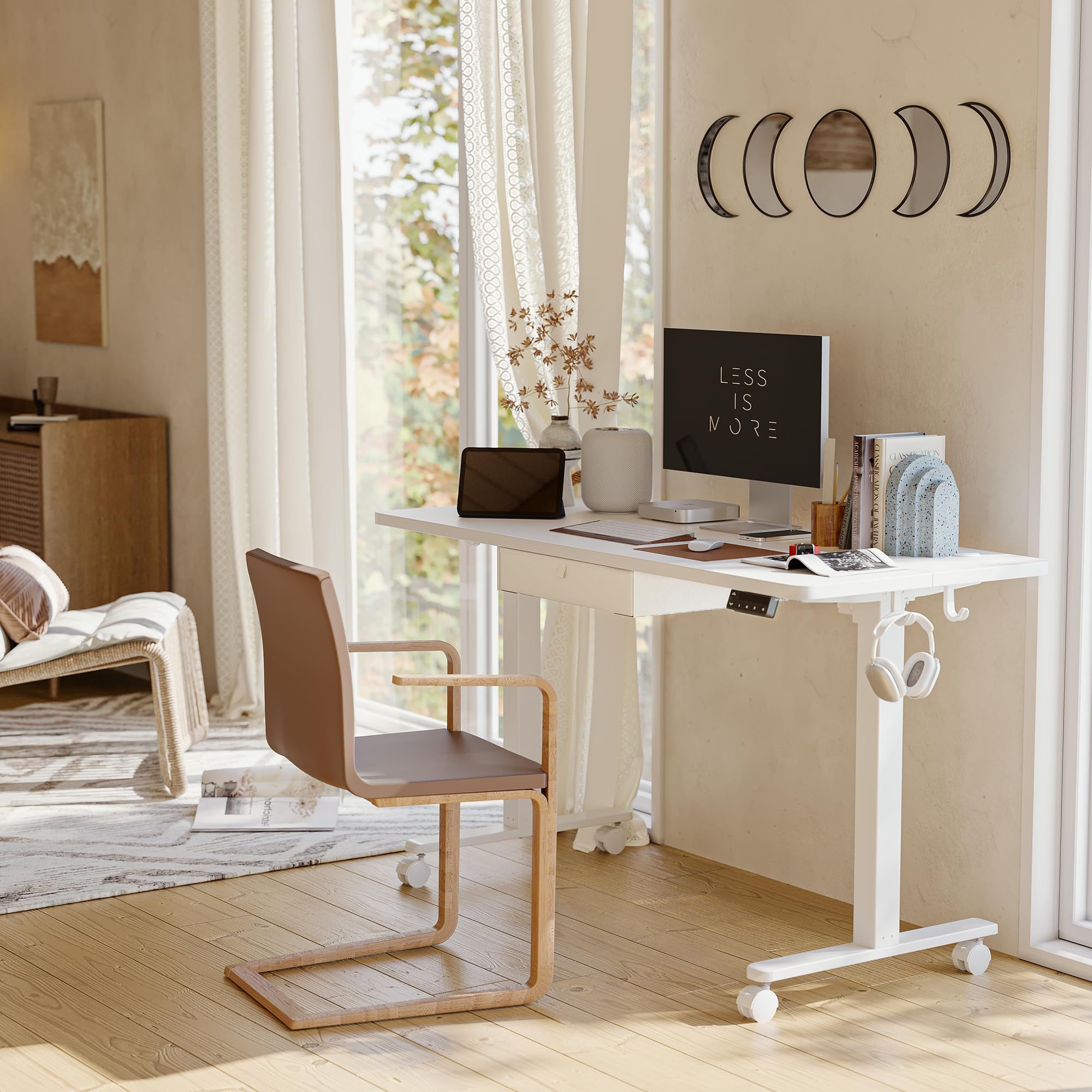 Bureau Assis-debout électrique FEZIBO – 140x70 Cm, Réglable 72-118 Cm, Ports USB, Bois FSC, Blanc