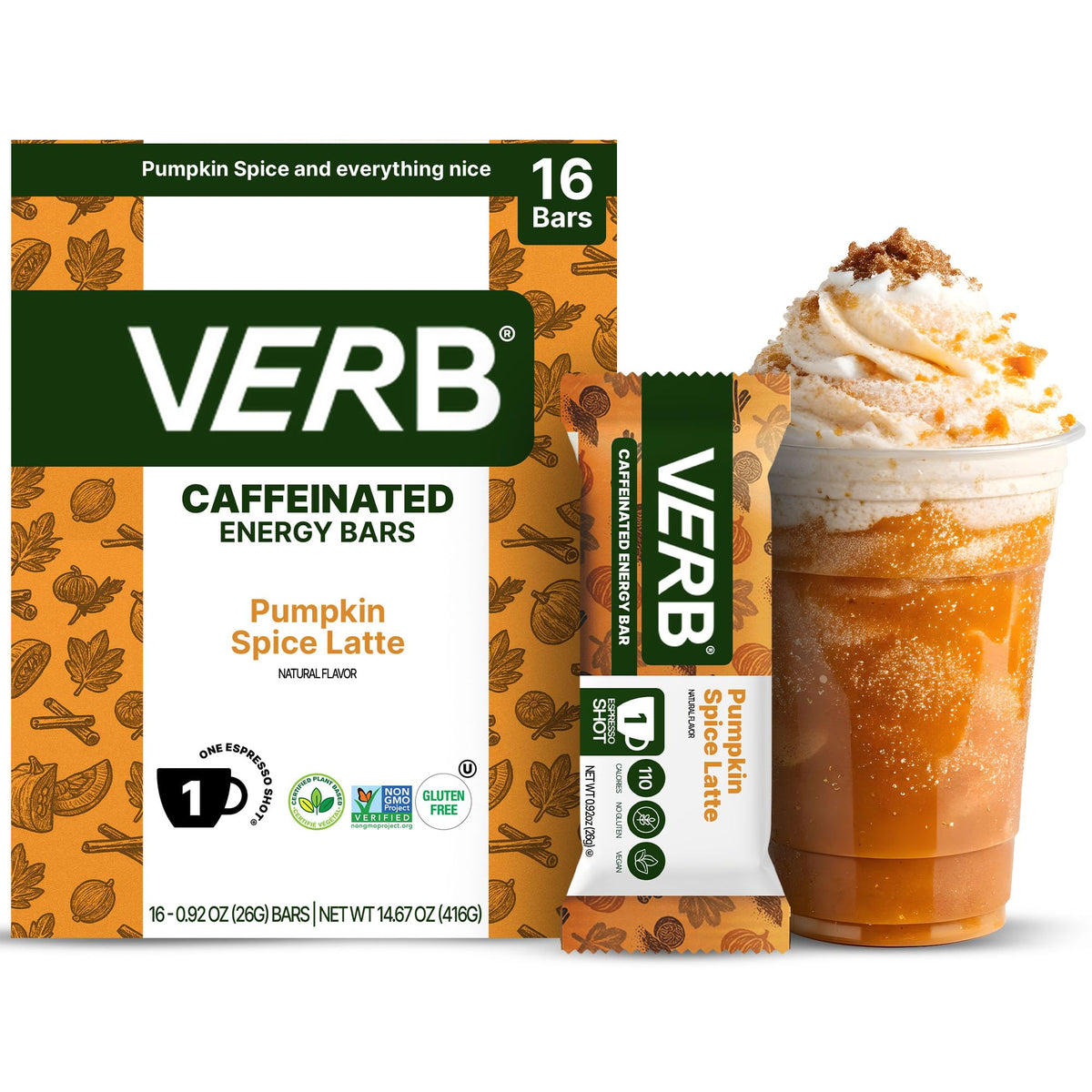 Verb Caffeinated Energy Bars Pumpkin Spice Latte (26g, Pack of 16) 110-Calorie Delicious Low Sugar Energy Bar - Gluten Free On-the Go Snack with 80mg Green Tea Caffeine, Only Real-Food Ingredients