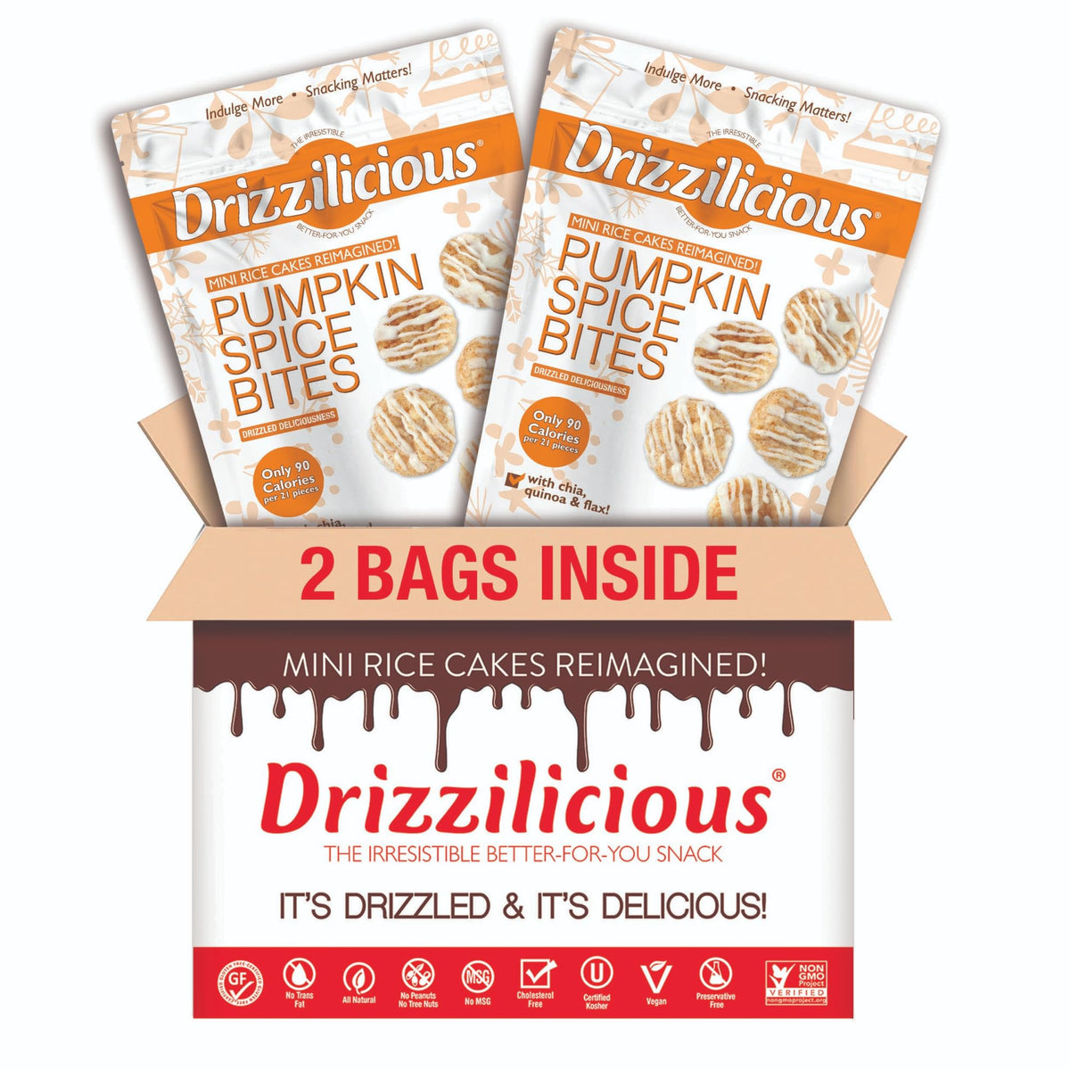 Drizzilicious Mini Flavored Rice Cakes - Rice Crisps, Healthy Snack for Adults and Kids, Vegan, Gluten Free Snack, Only 90 Calories Per 21 Pieces - Pumpkin Spice - 4 oz (Pack of 2)
