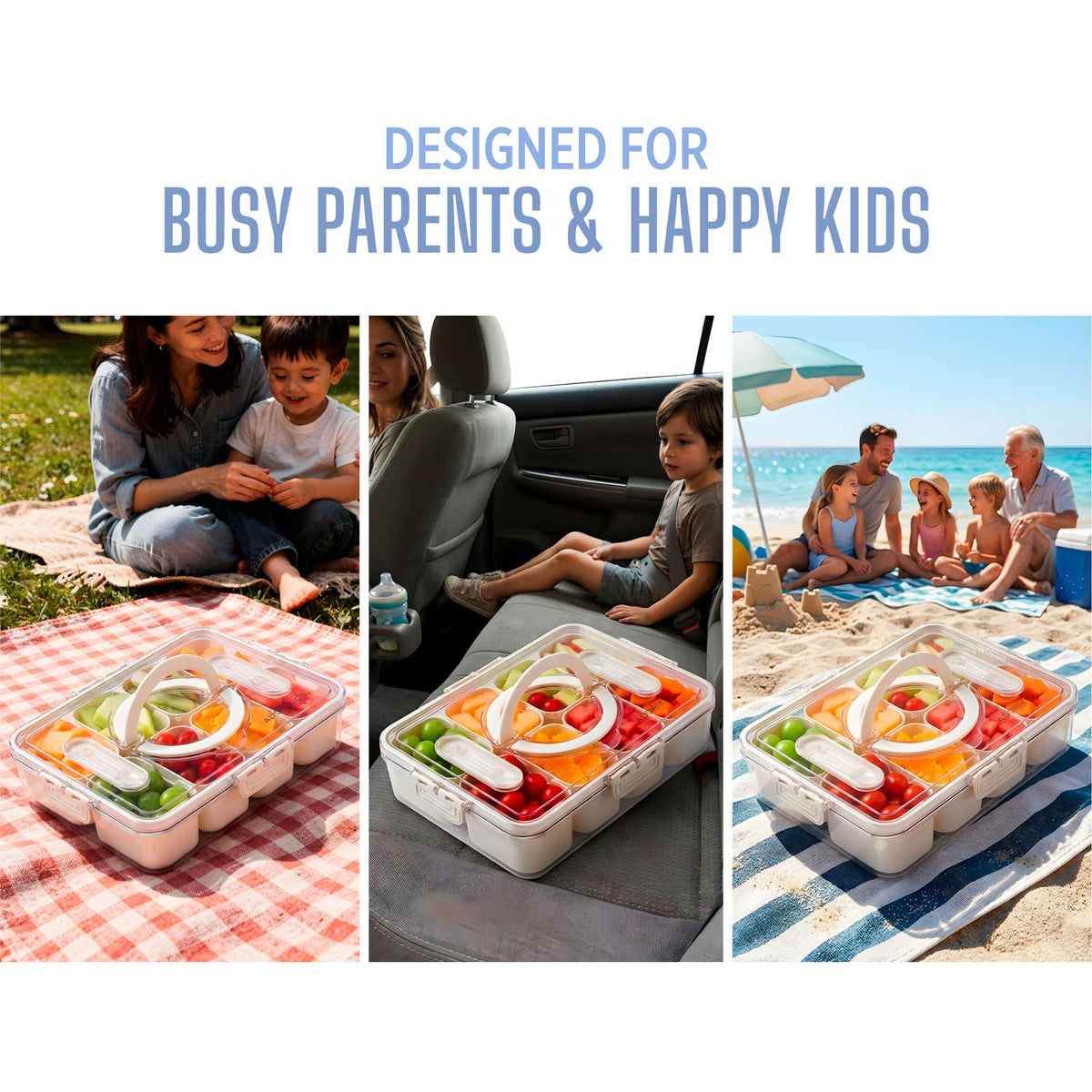 ADORIKIDS Travel Snack Container for Kids – Snackle Box with 8 Removable Compartments, Utensils and Recipe QR – Snack Box for Road Trips, Beach, Picnic and School Lunch