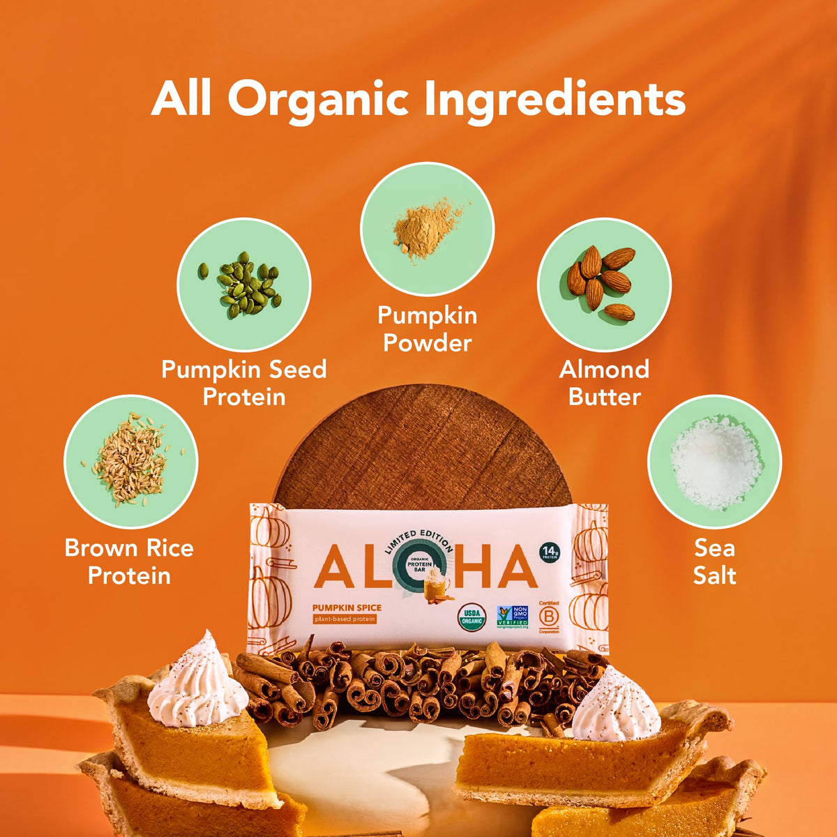 ALOHA Organic Plant Based Protein Bars - Pumpkin Spice, Vegan, Low Sugar, Gluten-Free, Low Carb, Non-GMO, No Stevia, No Erythritol - LIMITED EDITION, 12 Count (Pack of 1)