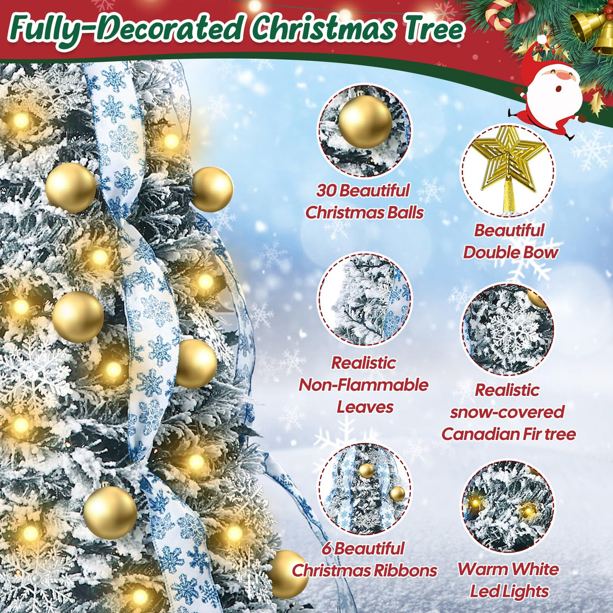 6FT Pre lit Pop Up Christmas Tree with Lights, Pre-Decorated Artificial Tree Collapsible Christmas Tree Holiday Party Decorations (White)