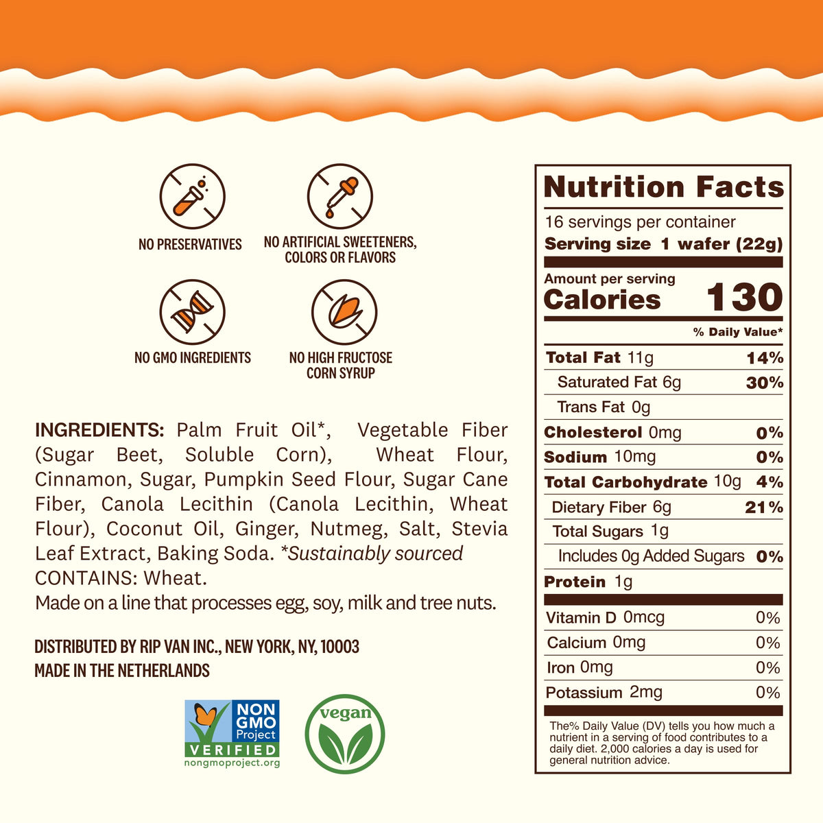 Rip Van Pumpkin Spice Keto Wafer Cookies, Healthy Vegan Snack, Non-GMO, Low Carb, Low Sugar (1g), Low Calorie, 16 Count