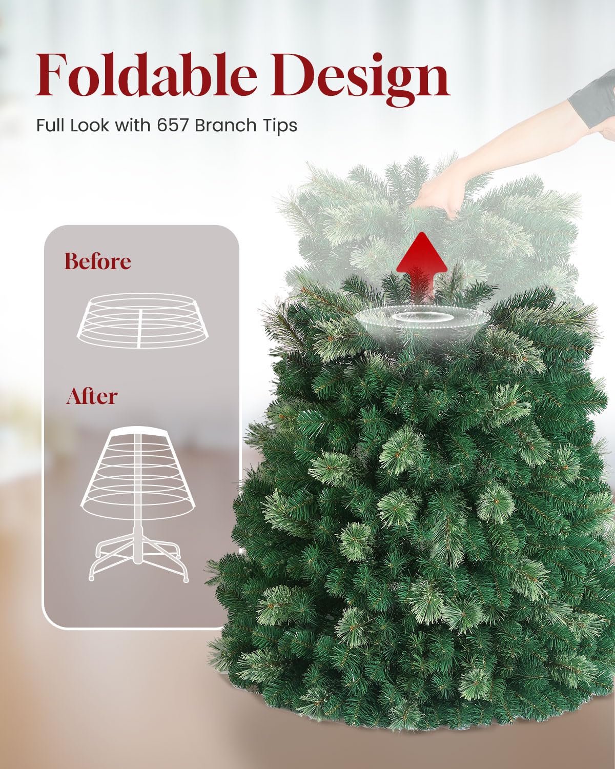 OasisCraft 6 FT Christmas Tree Prelit Pop Up, Artificial Pine Tree with 200 Lights, Green Christmas Tree with Flocked Pine Needle, Easy to Assemble
