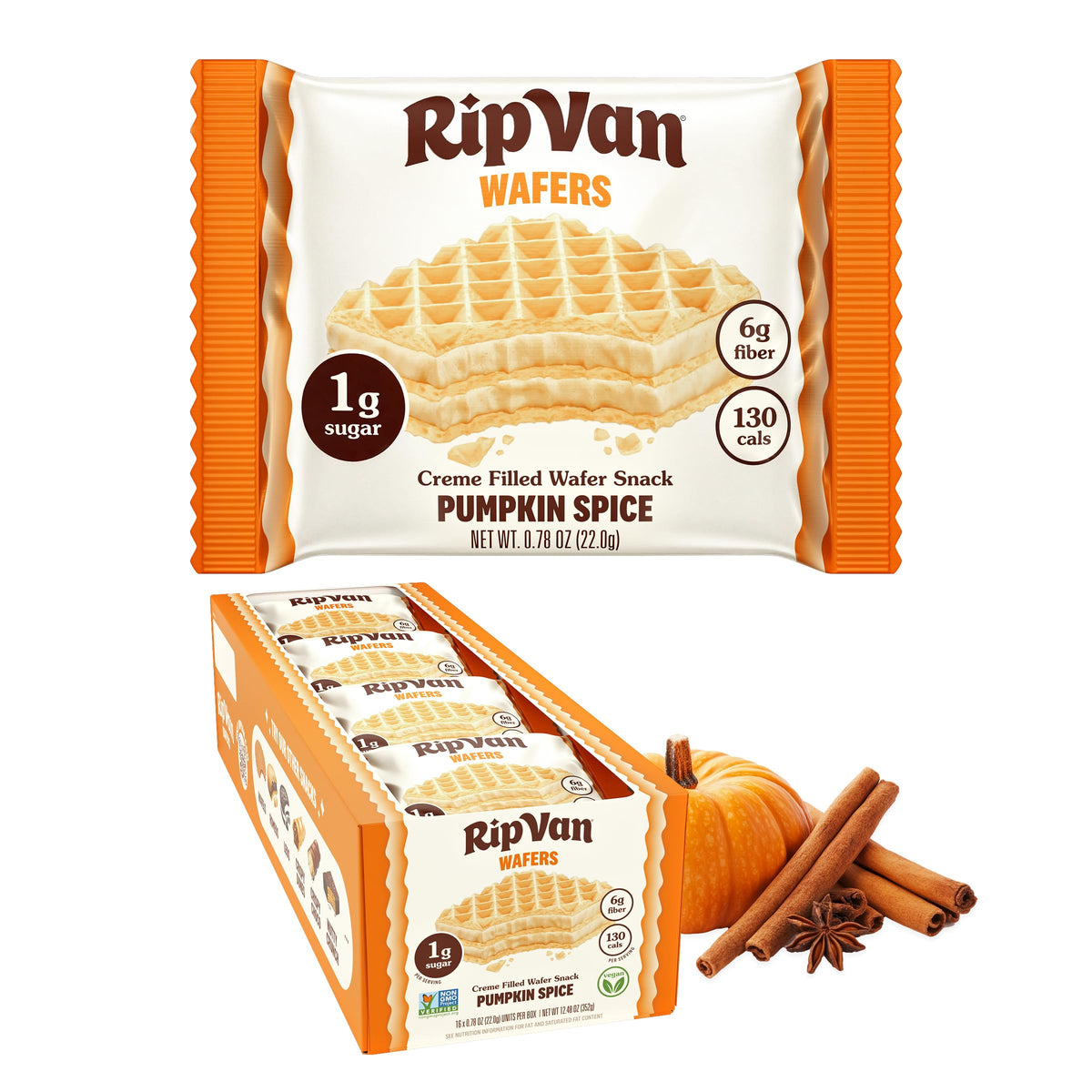 Rip Van Pumpkin Spice Keto Wafer Cookies, Healthy Vegan Snack, Non-GMO, Low Carb, Low Sugar (1g), Low Calorie, 16 Count