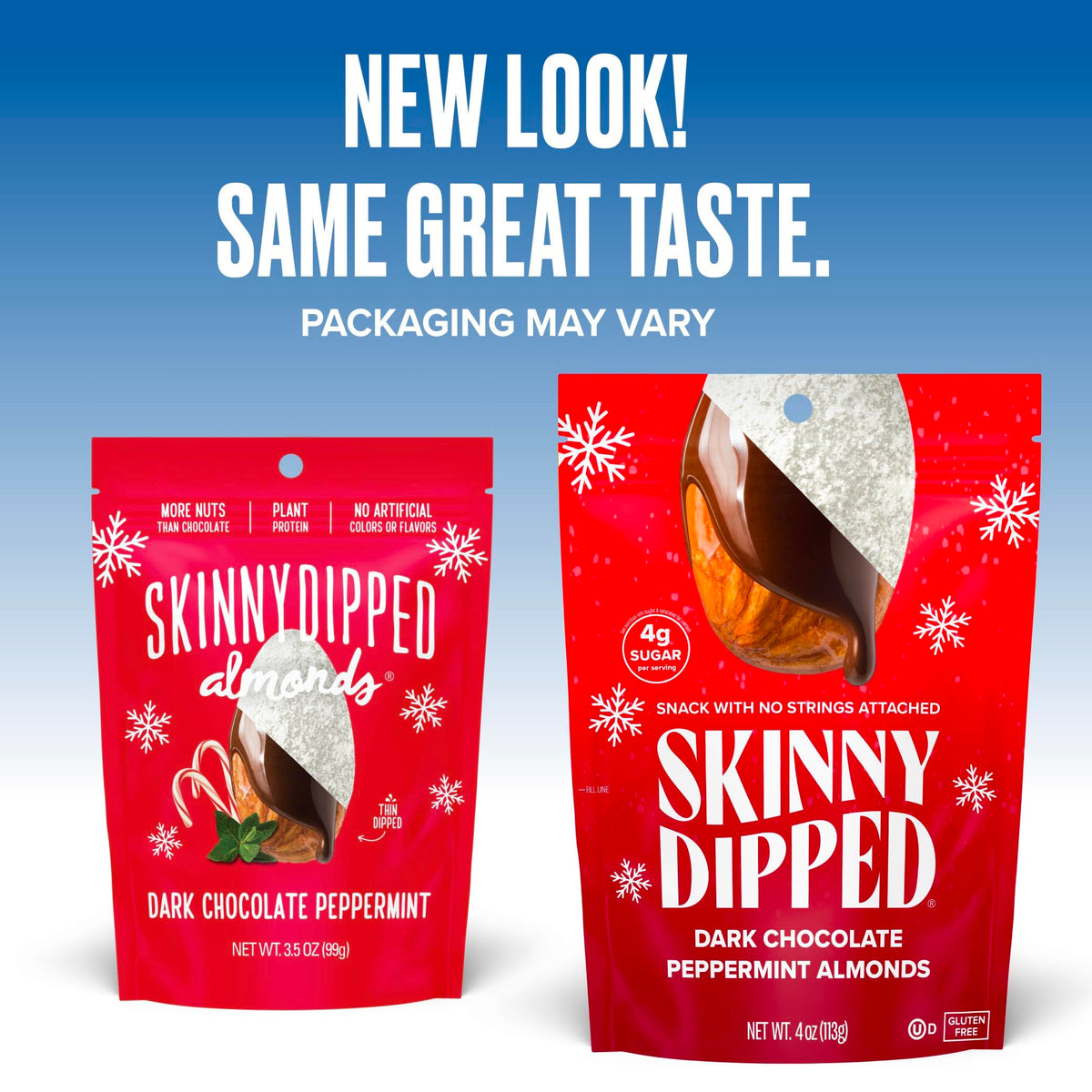 SkinnyDipped Dark Chocolate Peppermint Almonds, Healthy Snack, Plant Protein, Gluten Free, 3.5 oz Resealable Bags, Pack of 5