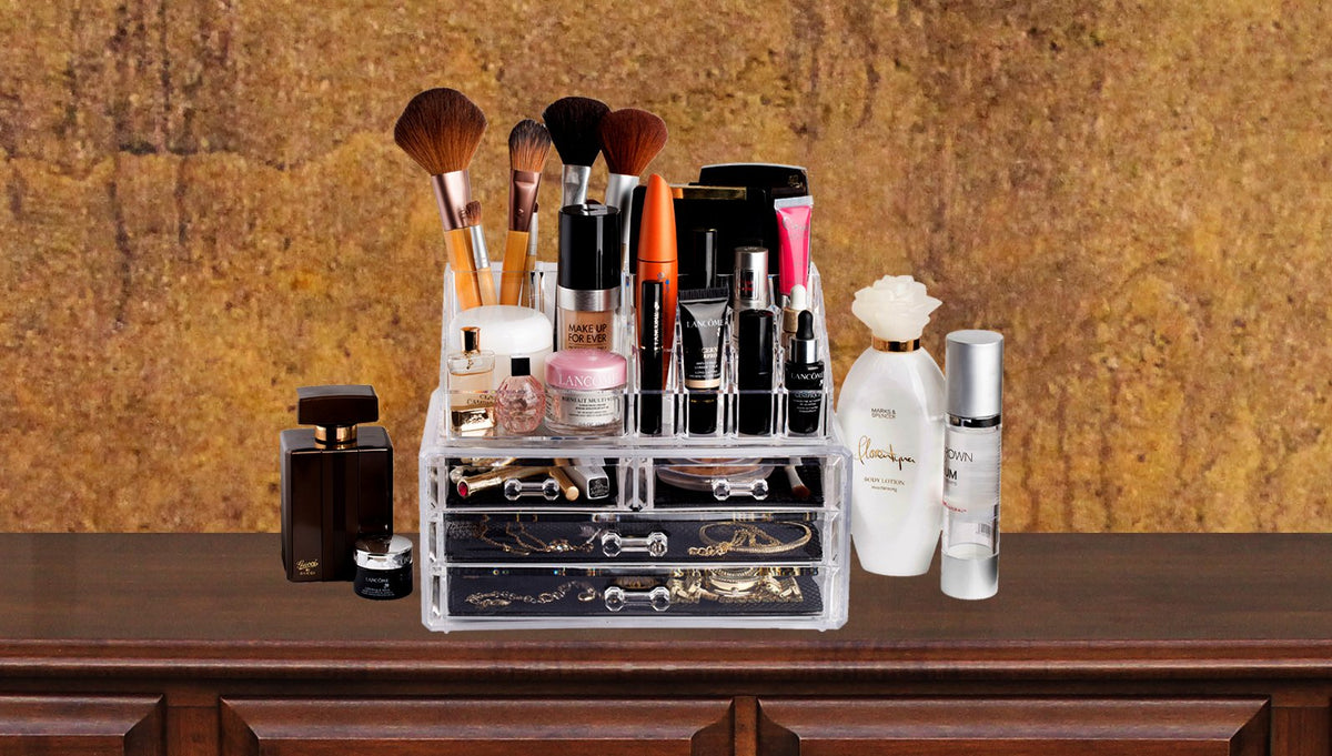 Masirs Clear Makeup Organizer – 16-Compartment Cosmetic and Jewelry Holder, 4-Drawer Vanity Storage, Elegant Clear Design for Makeup and Accessories